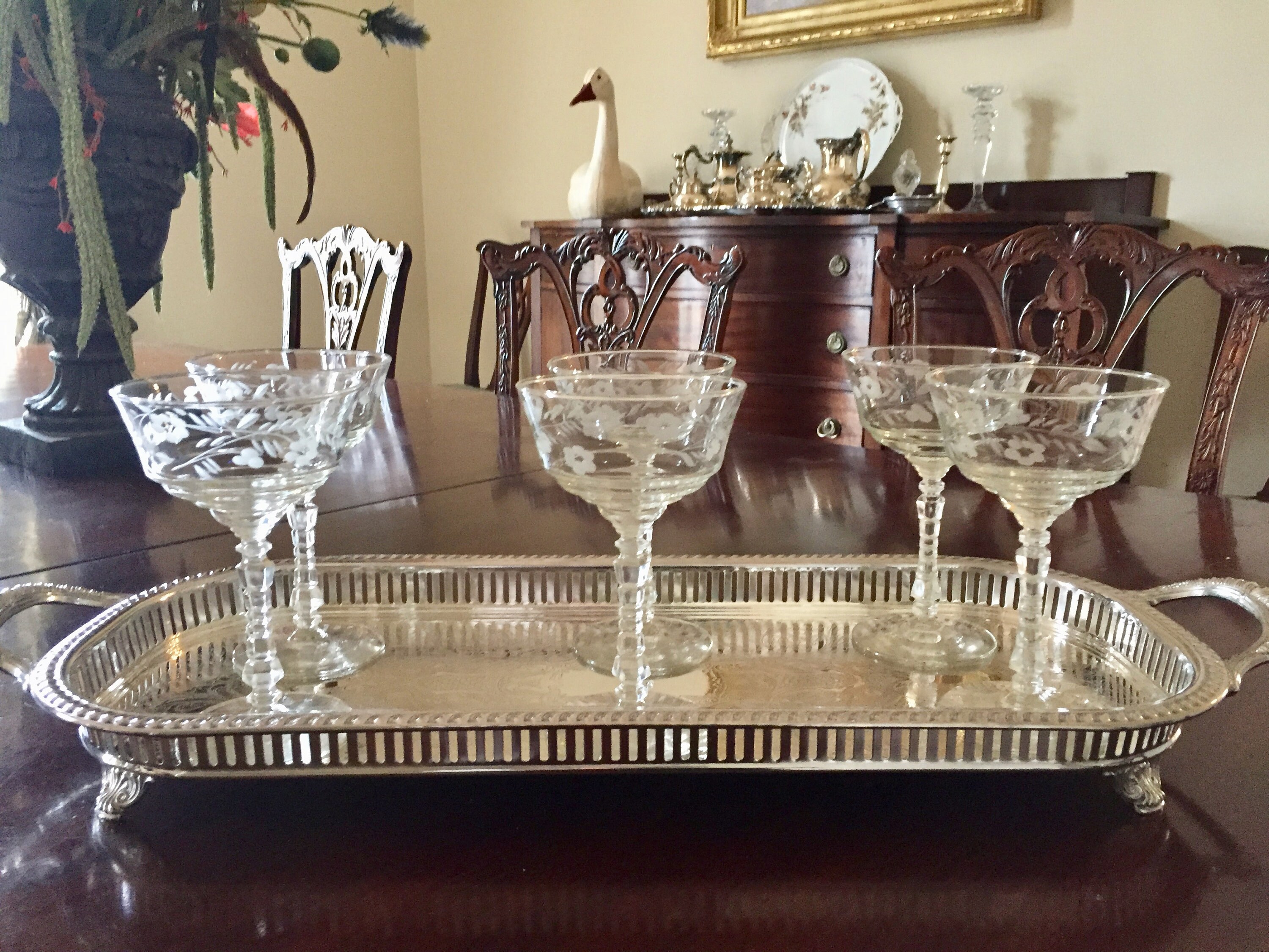 Large Silver Gallery Tray, Oblong Shaped Footed Serving Tray, Vintage