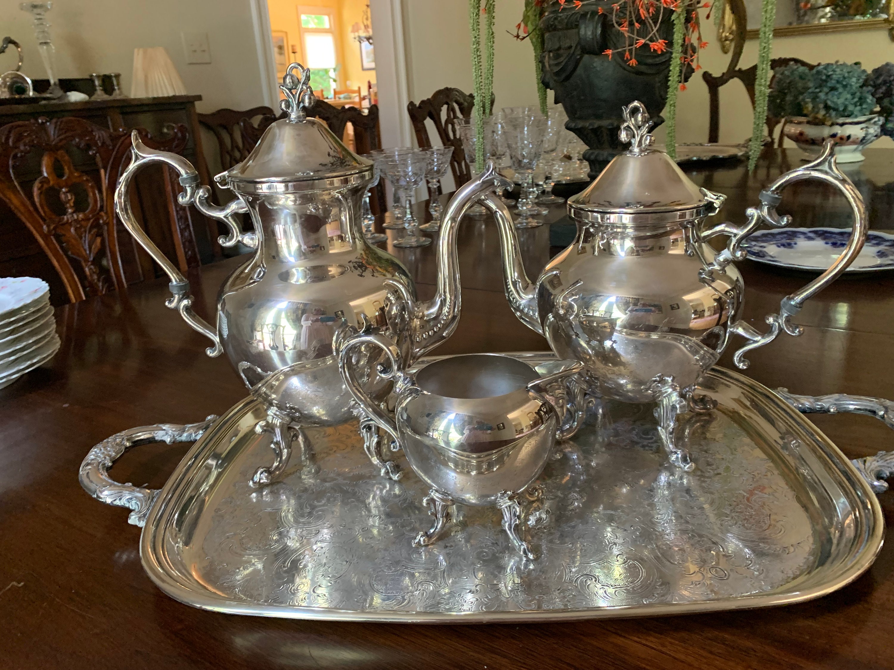 Silver Service Tea Set, Three Piece Silver Plate Coffee Set with Tray