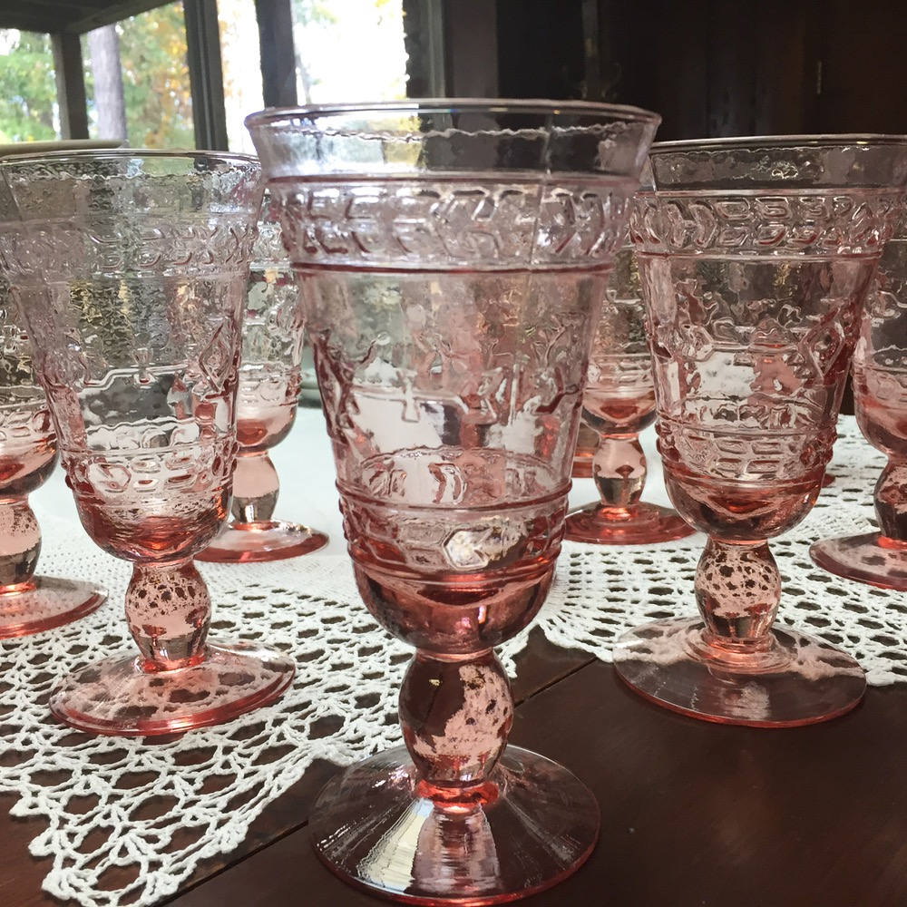 13 Pink Footed Crystal Goblets Embossed Design Excellent Condition