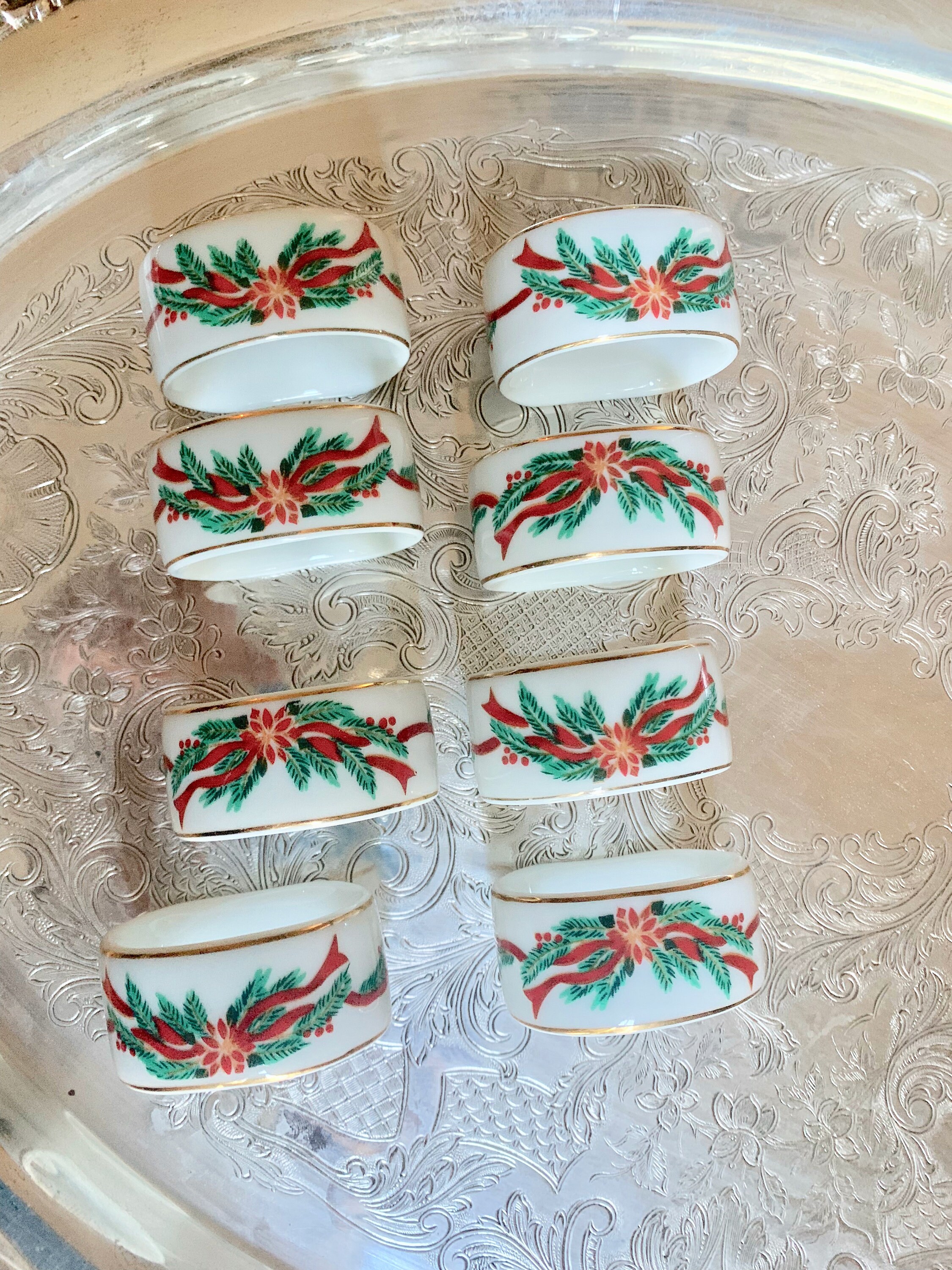 Porcelain Christmas Napkin Rings, Set of 8 Holiday Napkin Rings, Gold