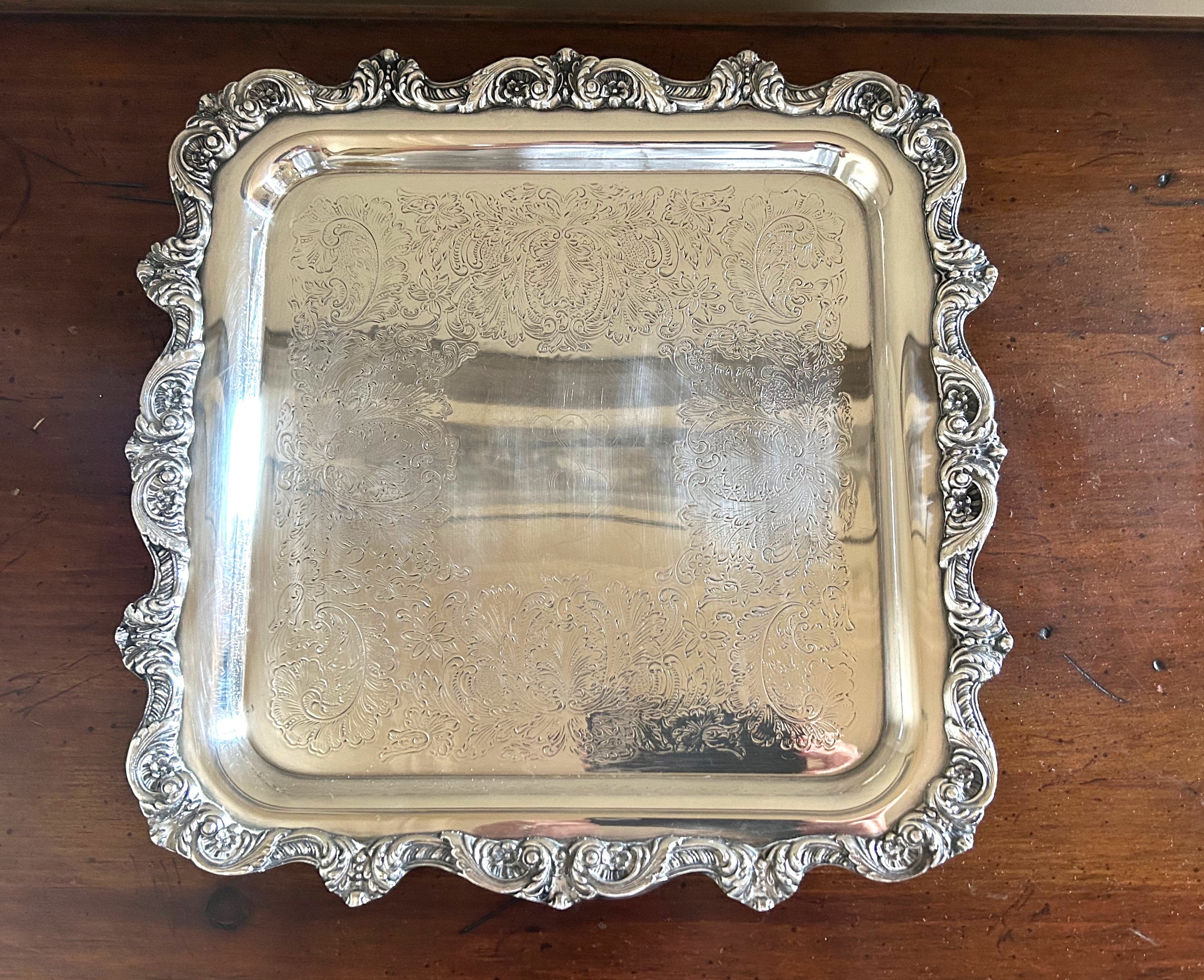 Silver Plate Square Tray, Vintage Silver Plate Footed Tray with Light  Monogram S in Cartouche, Scalloped Rim, Vanity Tray, Barware Tray