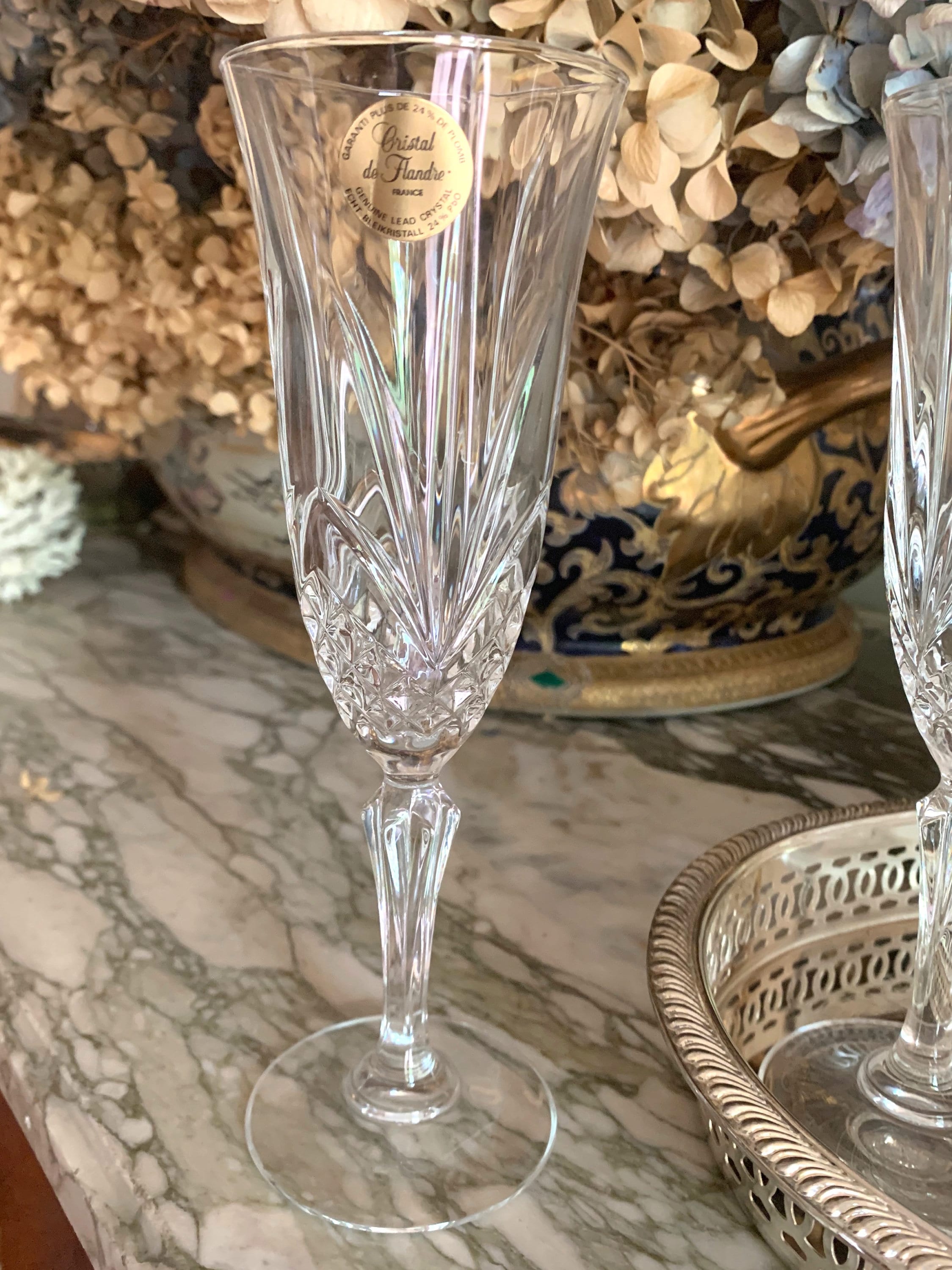 Crystal Champagne Flutes, Set of 8 Cristal De Flandre Crystal Flutes  Salzburg Pattern, Wedding Bridal Barware Gift, Made in France