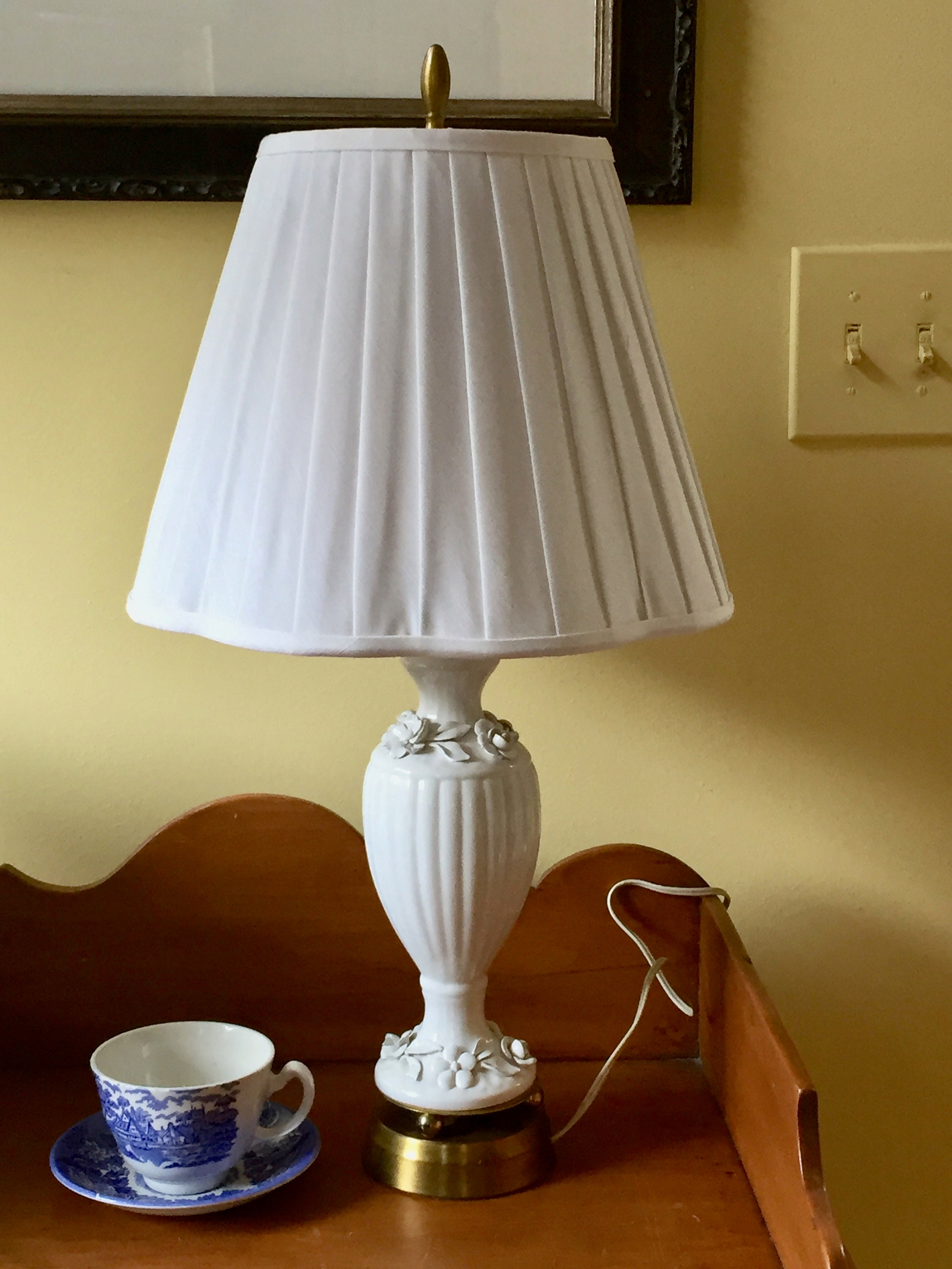 White Porcelain Lamp, Blanc de Chine Porcelain Table Lamp with White on White Floral Design