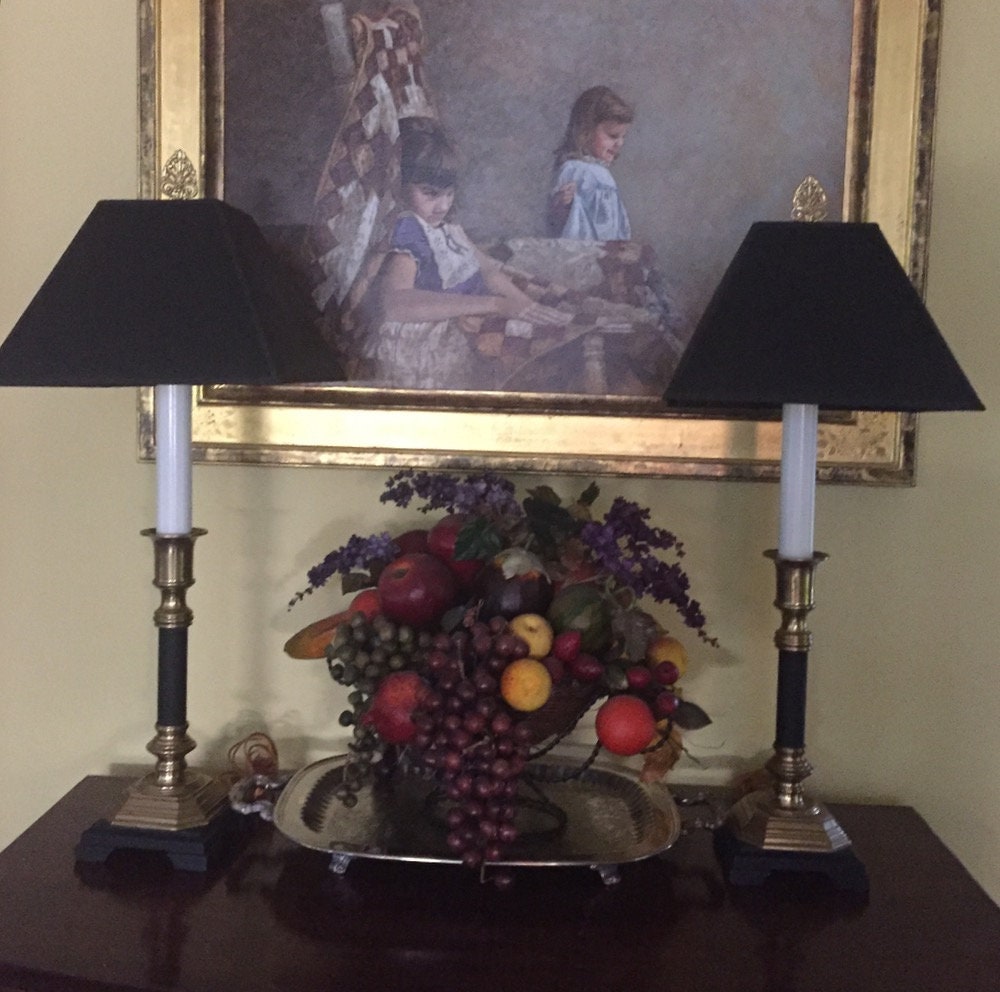 Reserve Ann, Pair Brass Candlestick Buffet Lamps, Matte Black Brass