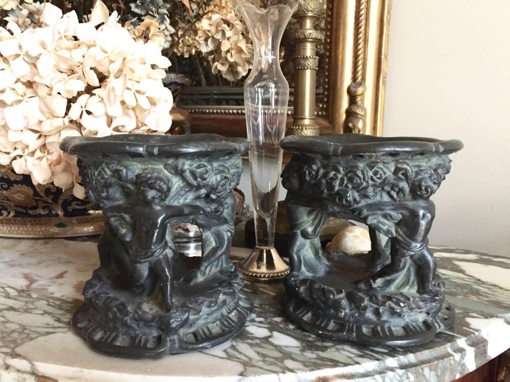 Vintage Plaster Cherub Stands, Cherub Pillar Candle Holders, Decorative