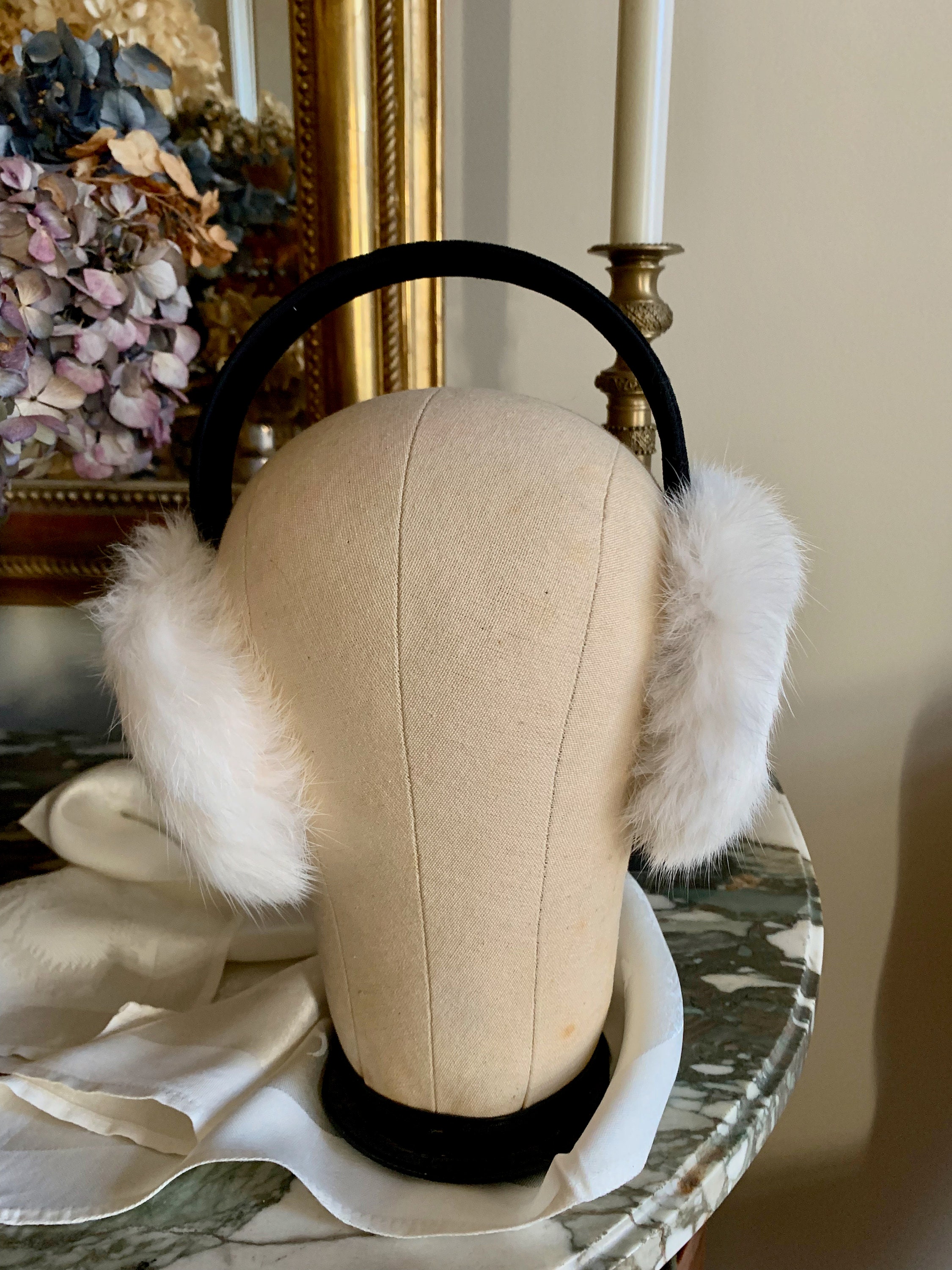 Rabbit Fur Ear Muffs, Black Velvet Band with White Rabbit Fur, Winter