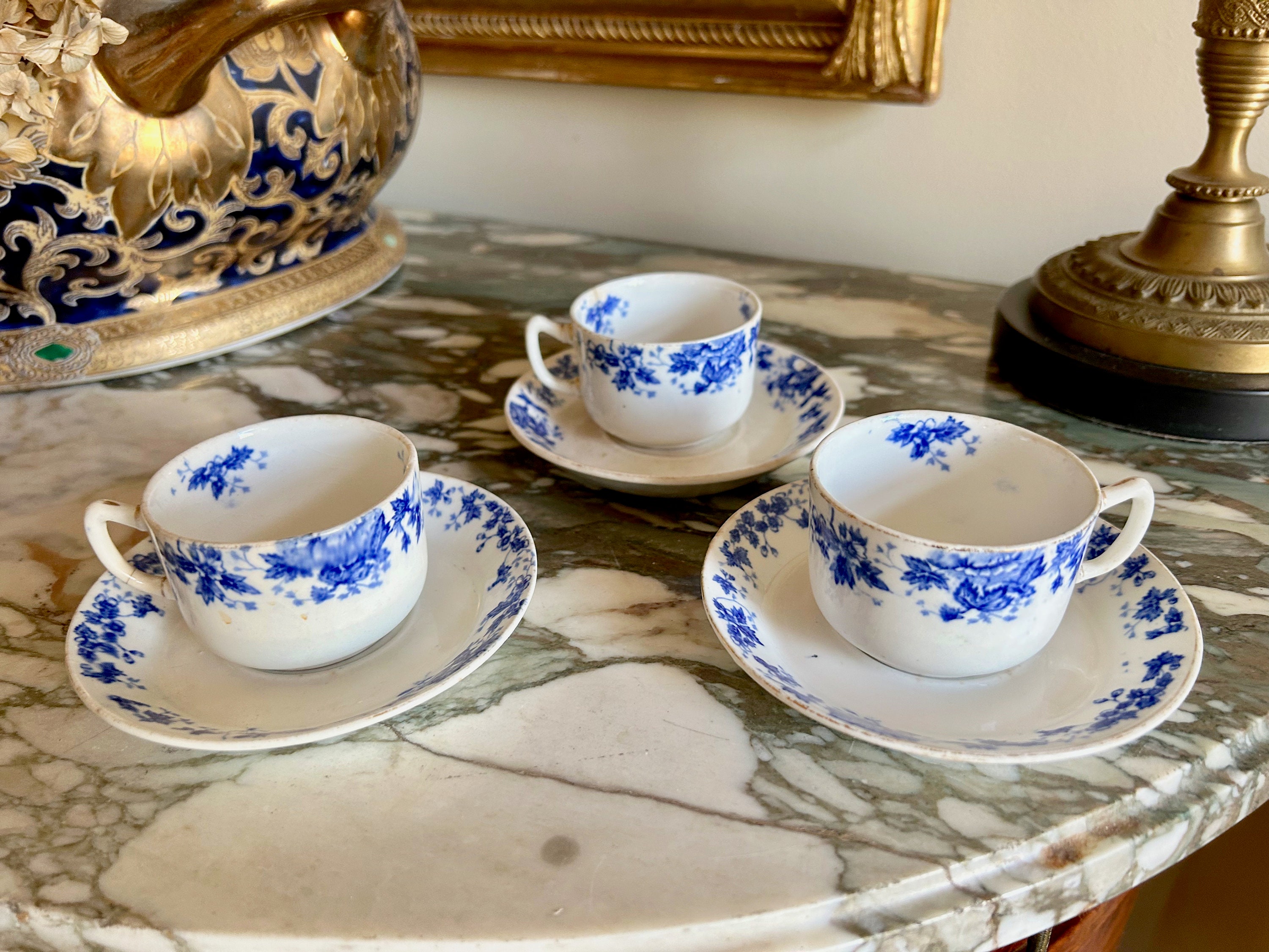 Blue White Demitasse Cups Saucers, Set of 3 Antique English John Maddock Demitasse  Cups Saucers Blue Floral, DIY Project, Sold as Set