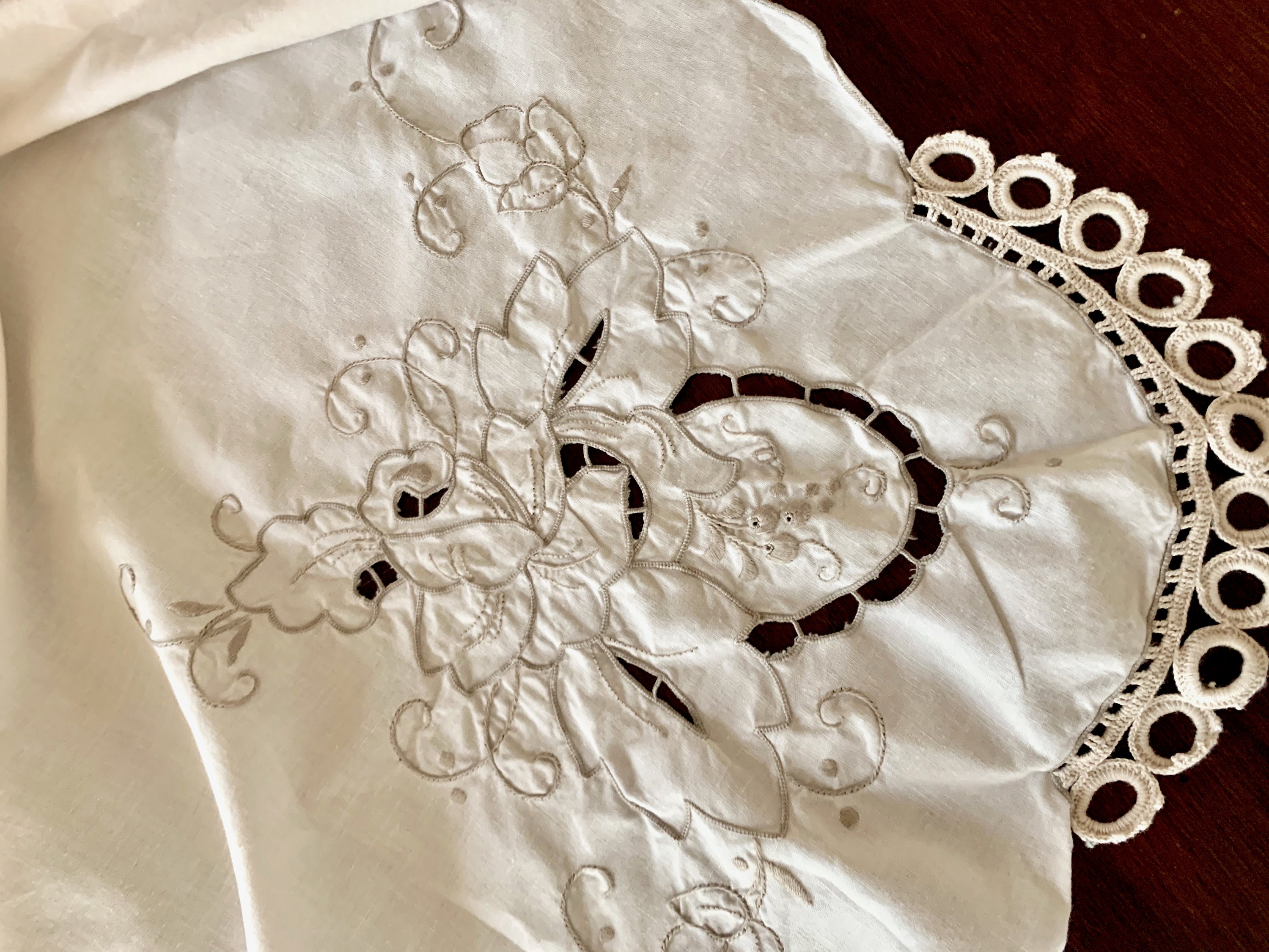 Ecru Madeira Style Tablecloth, Vintage Cream with Taupe Embroidered