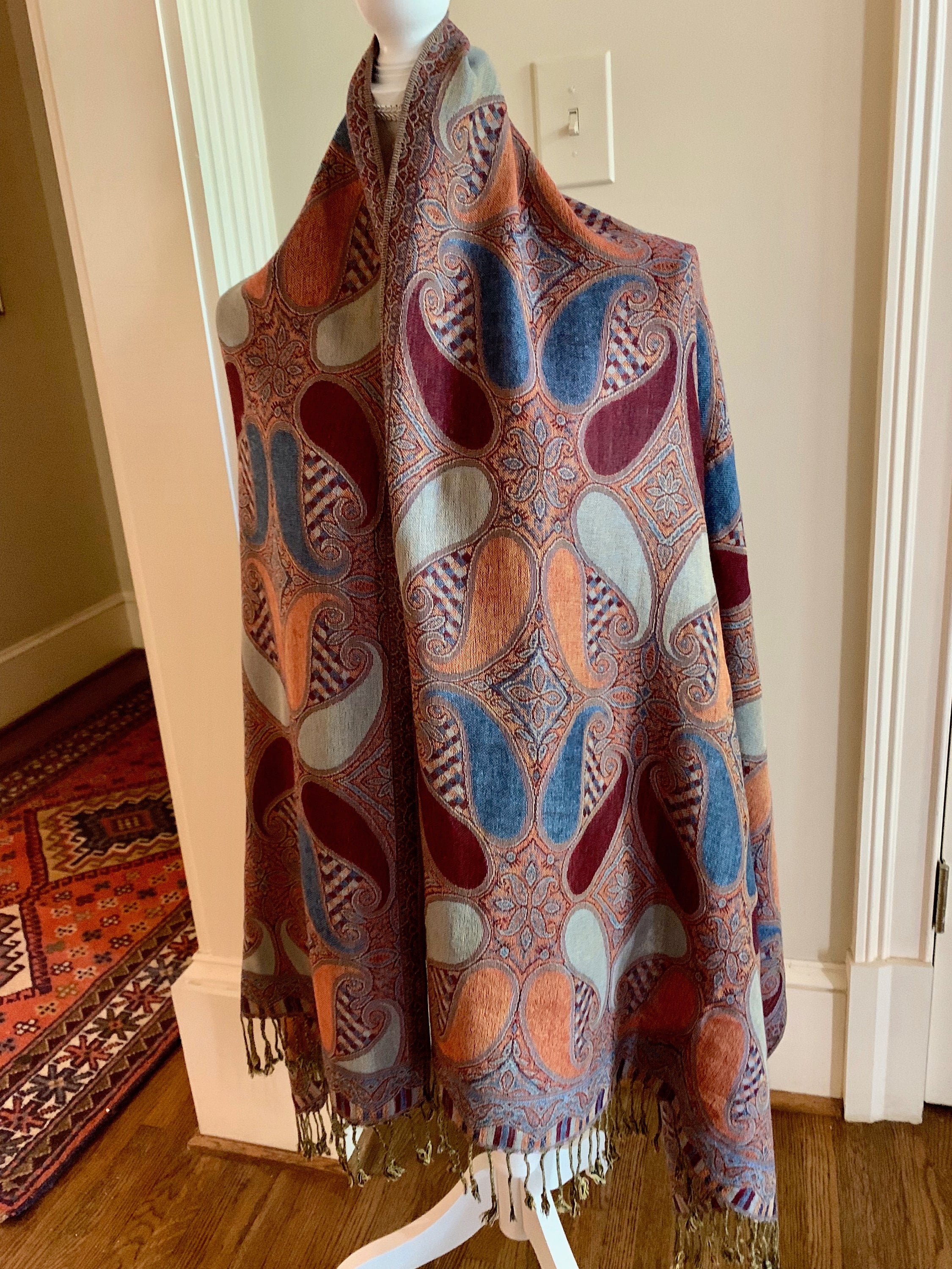 Cashmere Silk Wrap, Vintage Paisley Wrap, Fringed Fall Winter Ladies