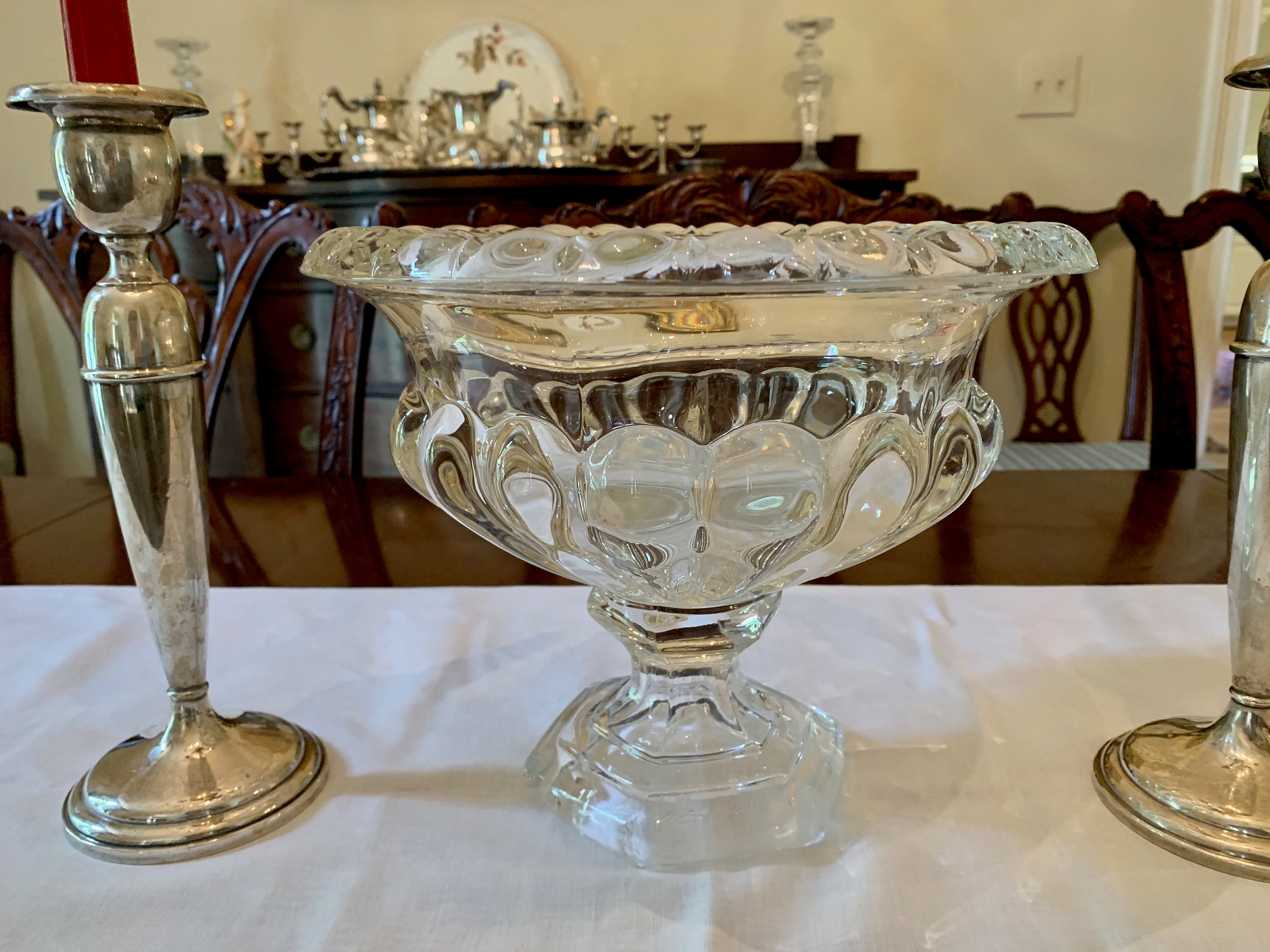 Footed Glass Compote, Large 10 Inch Heavy Clear Glass Vintage Compote