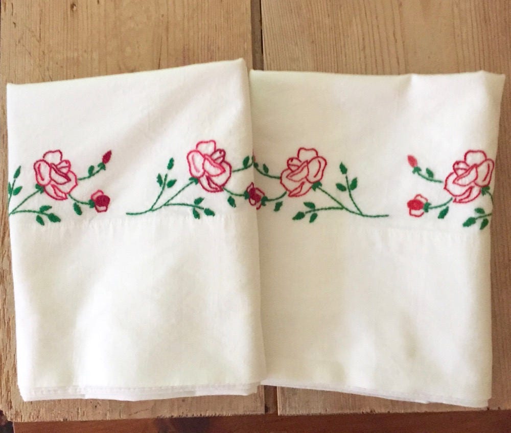 Vintage Embroidered Pillowcases, Cotton Pillowcases, Pair of Hand