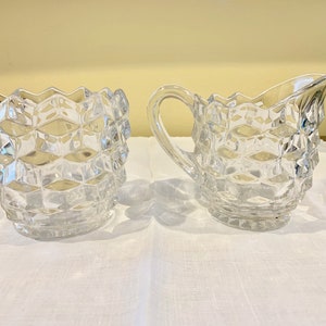 Fostoria American Clear Creamer Sugar Set, Two Pieces, Mid Century Pressed Glass Cubist Pattern, Large Creamer Barrel Shaped Sugar