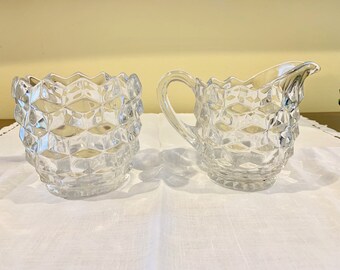 Fostoria American Clear Creamer, Fostoria American Sugar Barrel Candy, Two Pieces Each Sold Separately, Collectible Pressed Glass