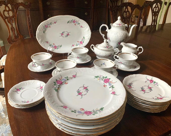 Featured listing image: Royal Kent China Bavarian Rose, White Porcelain with Gold Rim and Pink Floral Rose No. RKT3 Replacements China, 33 Pieces All Sold Together