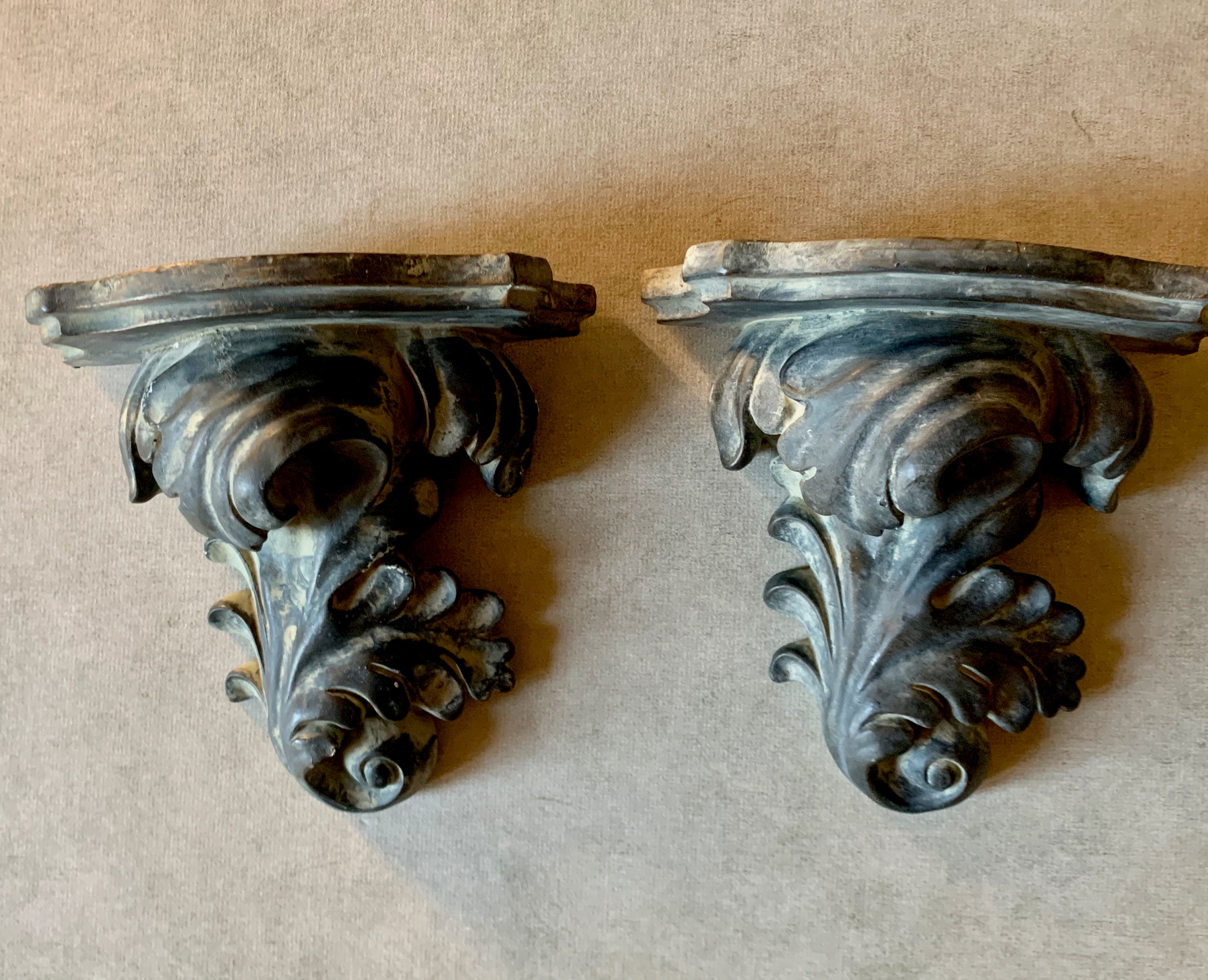 Plaster Wall Shelf Sconces, Pair Black Dark Gray Molded Plaster