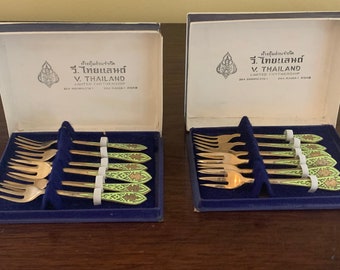 Brass Enamel Cocktail Forks, Set of 6 Small Pastry Forks, Mint Green Gold Forks from Thailand, 2 Sets Available Each Sold Separately