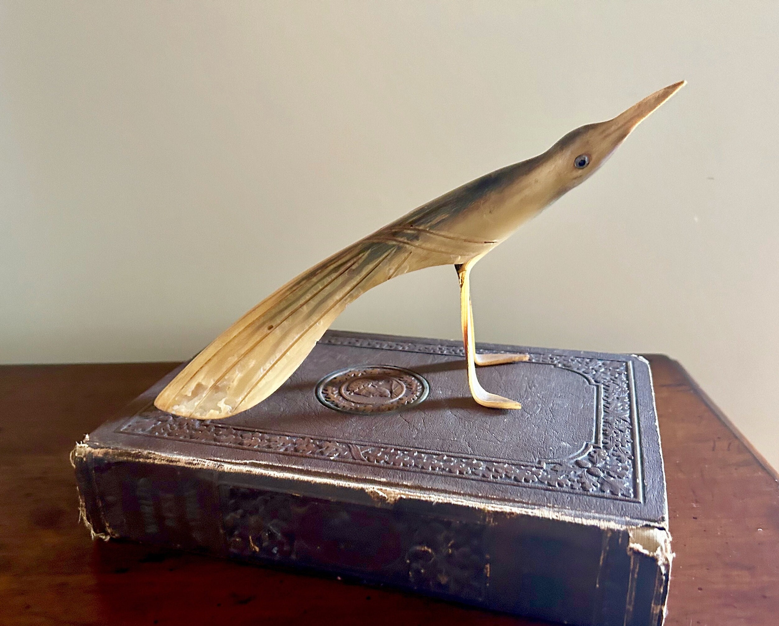 Horn Bird Sculpture, Carved Bird Sculpture, Vintage Footed Bird