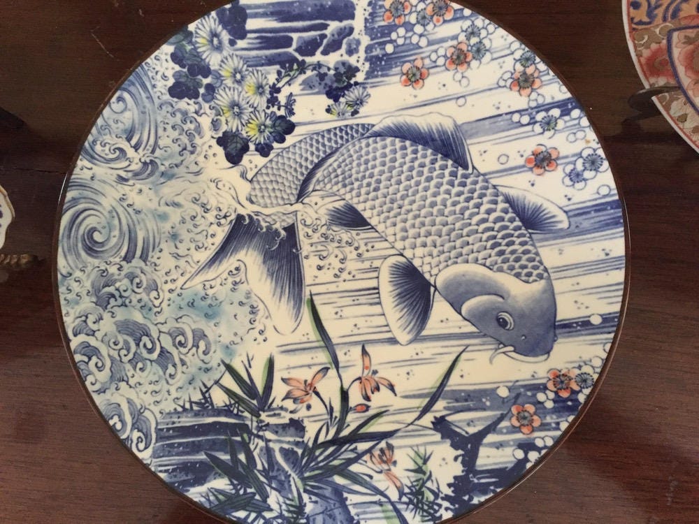 Large Chinoiserie Plate, Blue White Koi Fish Decorative Plate, Asian