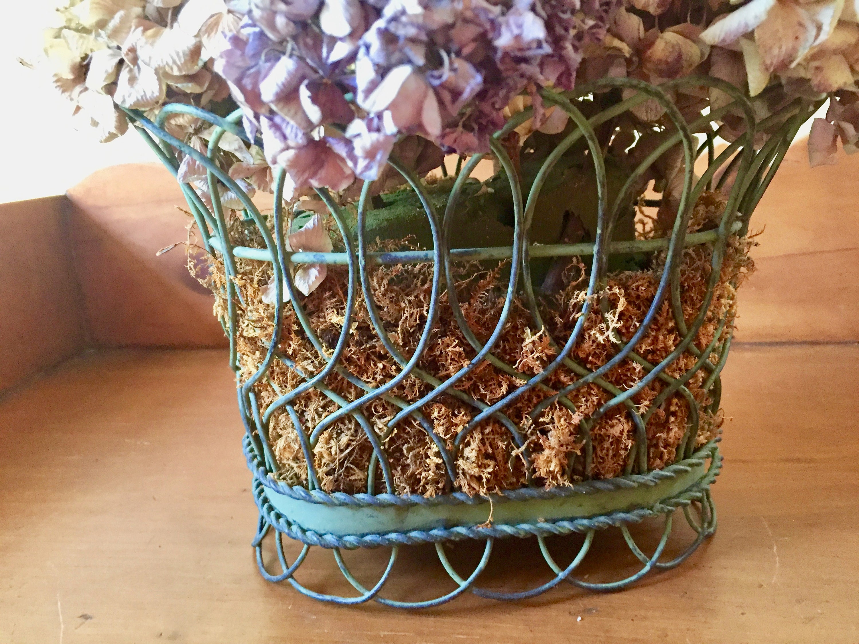 French Basket with Dried Flowers, Vintage Green Wire Basket with