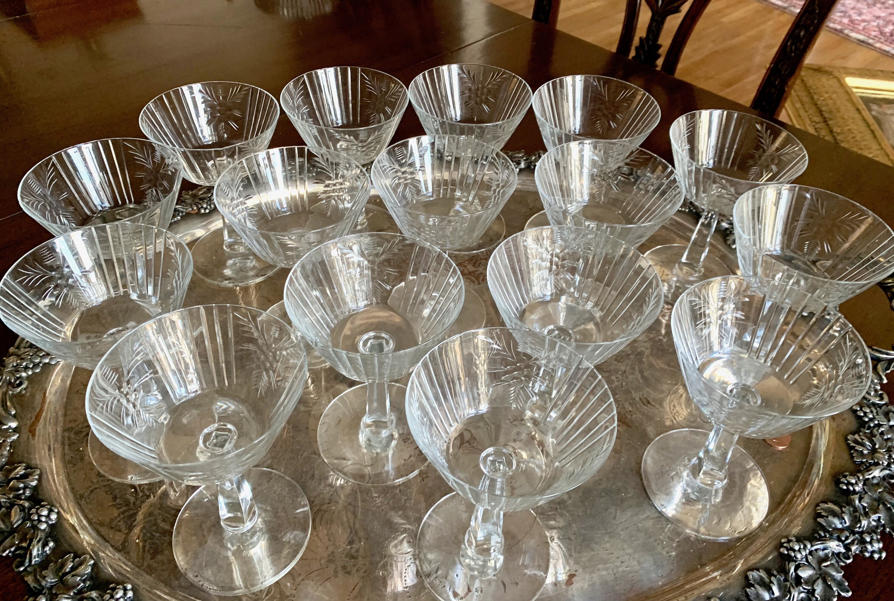 Crystal Champagne Coupes, Art Deco Cut Crystal Coupes, Set of 8 and Set