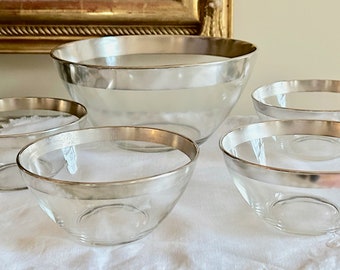 Dorothy Thorpe Silver Rimmed Bowl Set, Mid Century Silver Rimmed Salad Bowl with 4 Individual Bowls, Arcoroc France 5 Piece Bowl Set