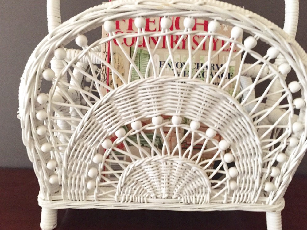 Vintage White Wicker Magazine Rack Victorian Style, Wicker Record Rack