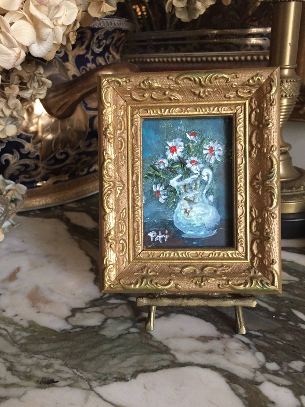 Vintage Miniature Still Life Painting White Daisies Deceased Vintage Miniature Still Life Painting White Daisies Deceased Southern Artist Peti Clements Brass Easel Included Decorative Gold Frame