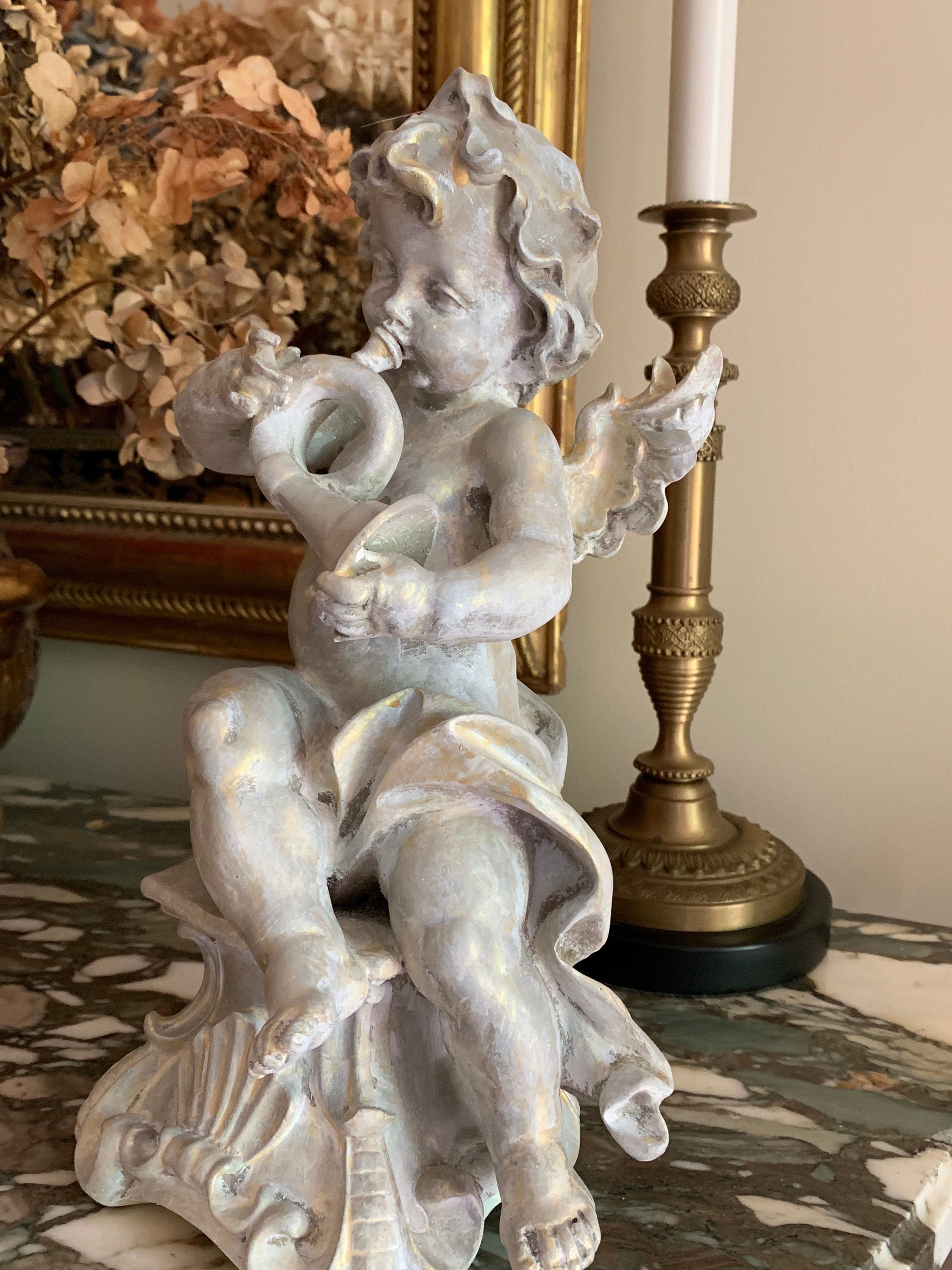 Cherub Statue Hand Painted Gray with Gold Highlights, Cherub Paper