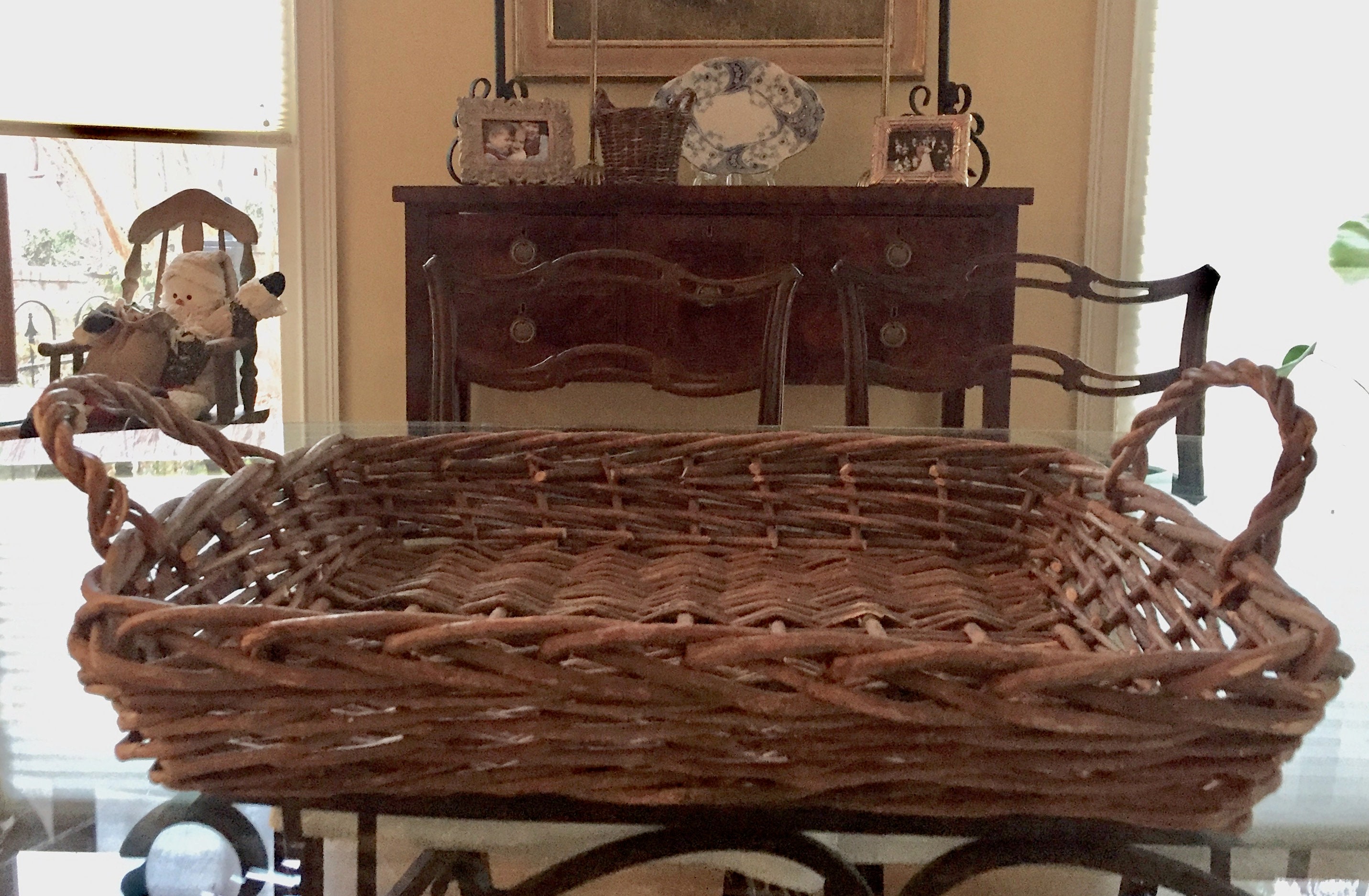 Vintage Grapevine Basket, Rectangle Grapevine Basket with Handles