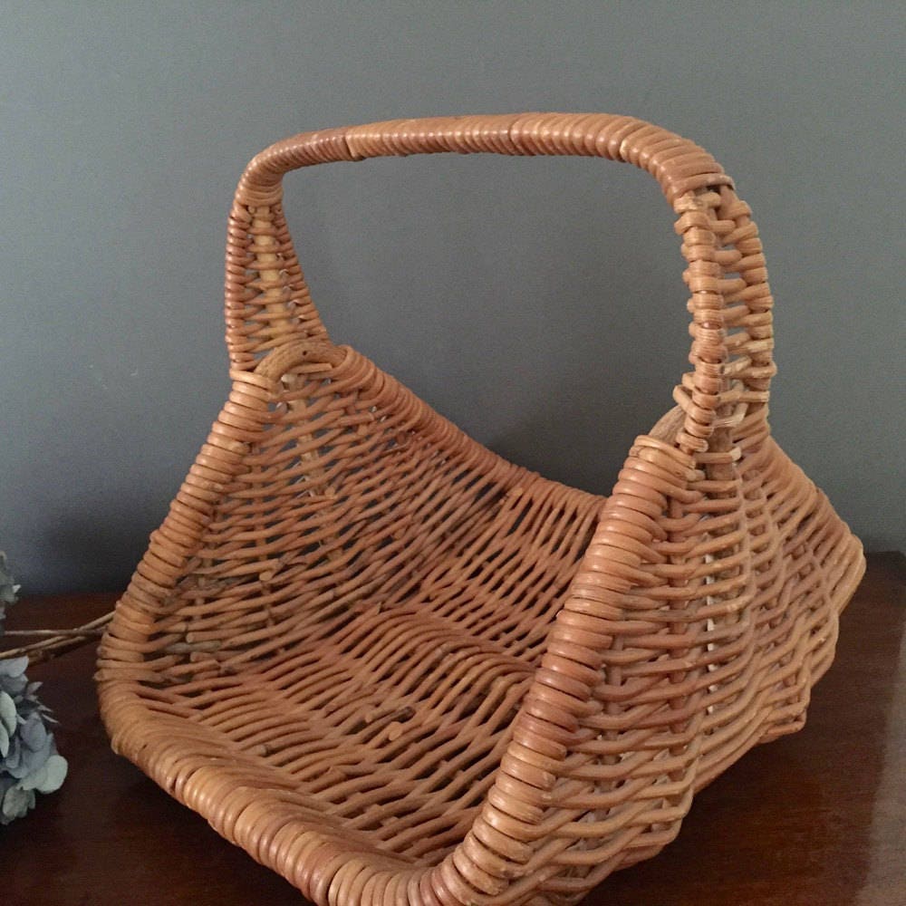 Vintage Gathering Basket, Large French Style Wicker Vegetable Basket