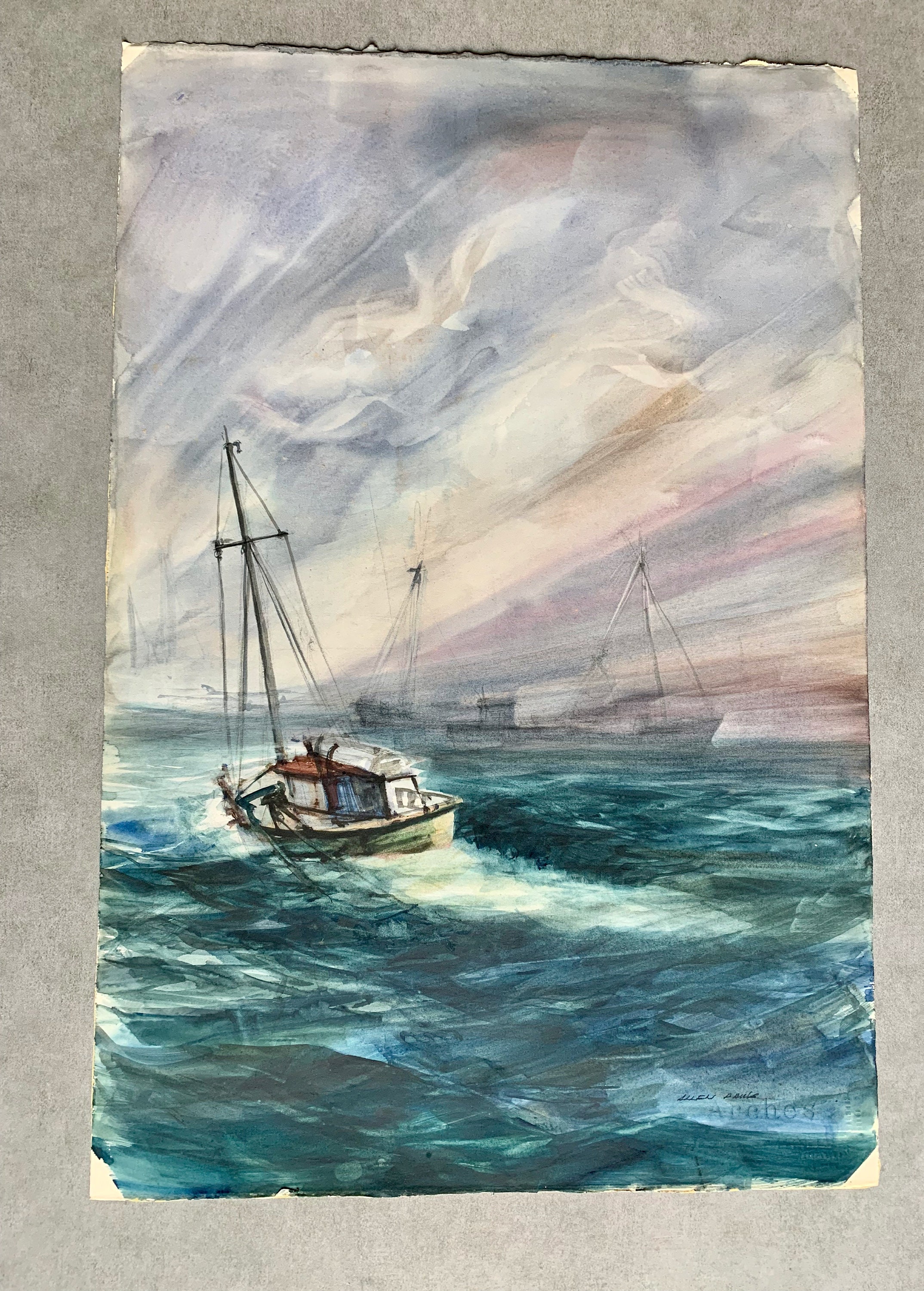 Vintage Watercolor Painting Sailing Scene, Signed by Artist, 13 x 19.75