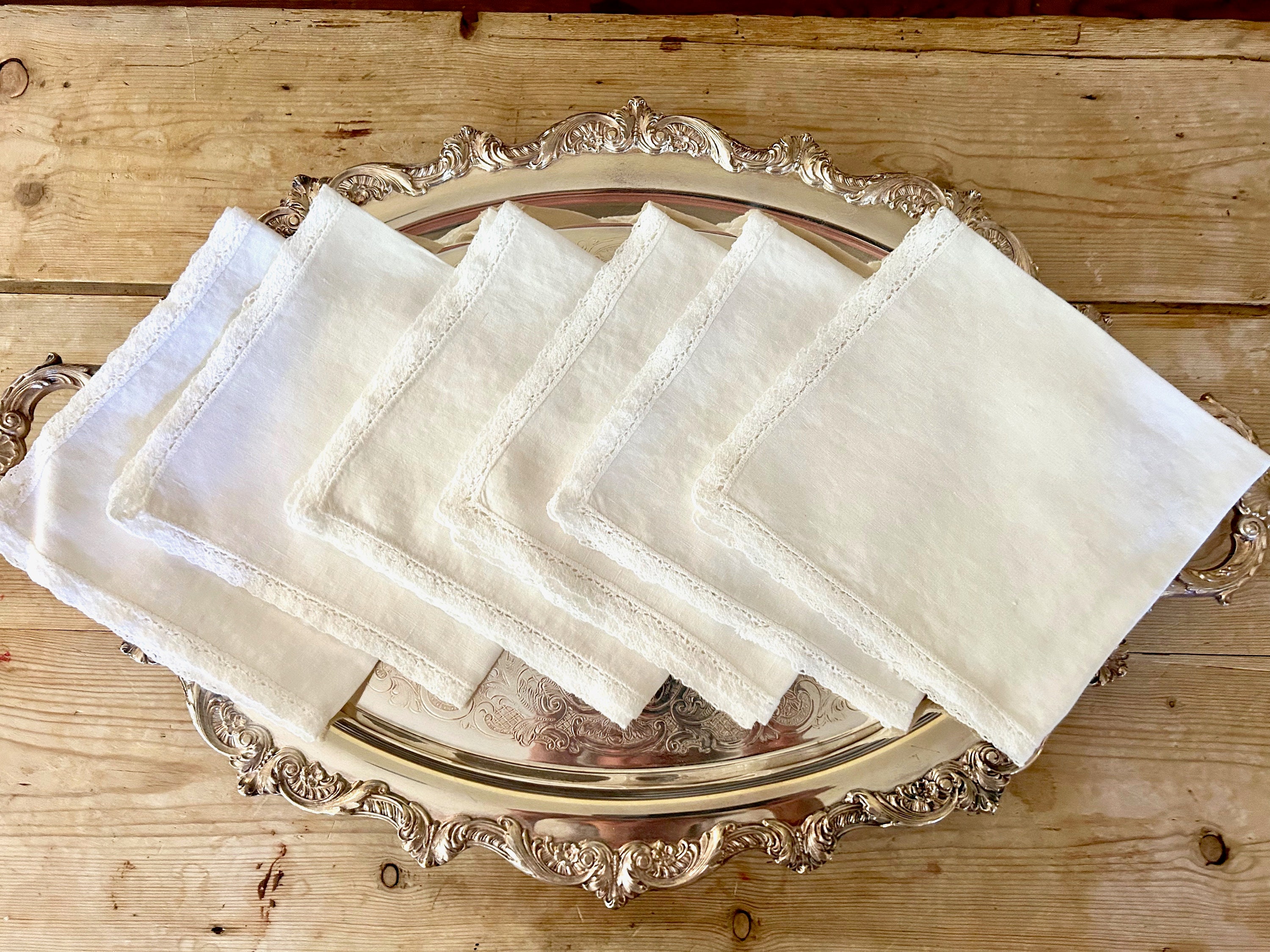 Linen Napkins with Lace Trim, Set of 6 Antique White Ivory Linen