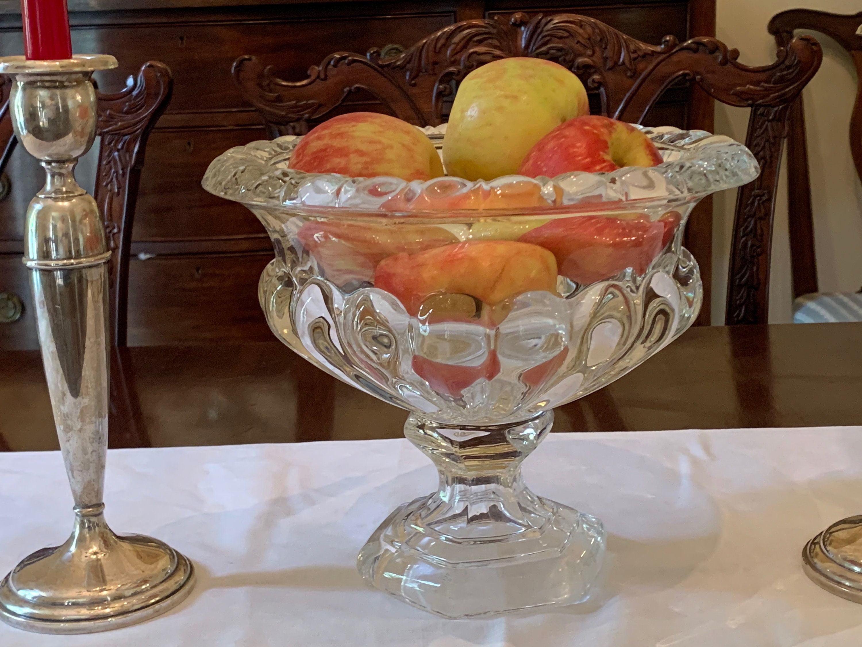 Footed Glass Compote, Large 10 Inch Heavy Clear Glass Vintage Compote
