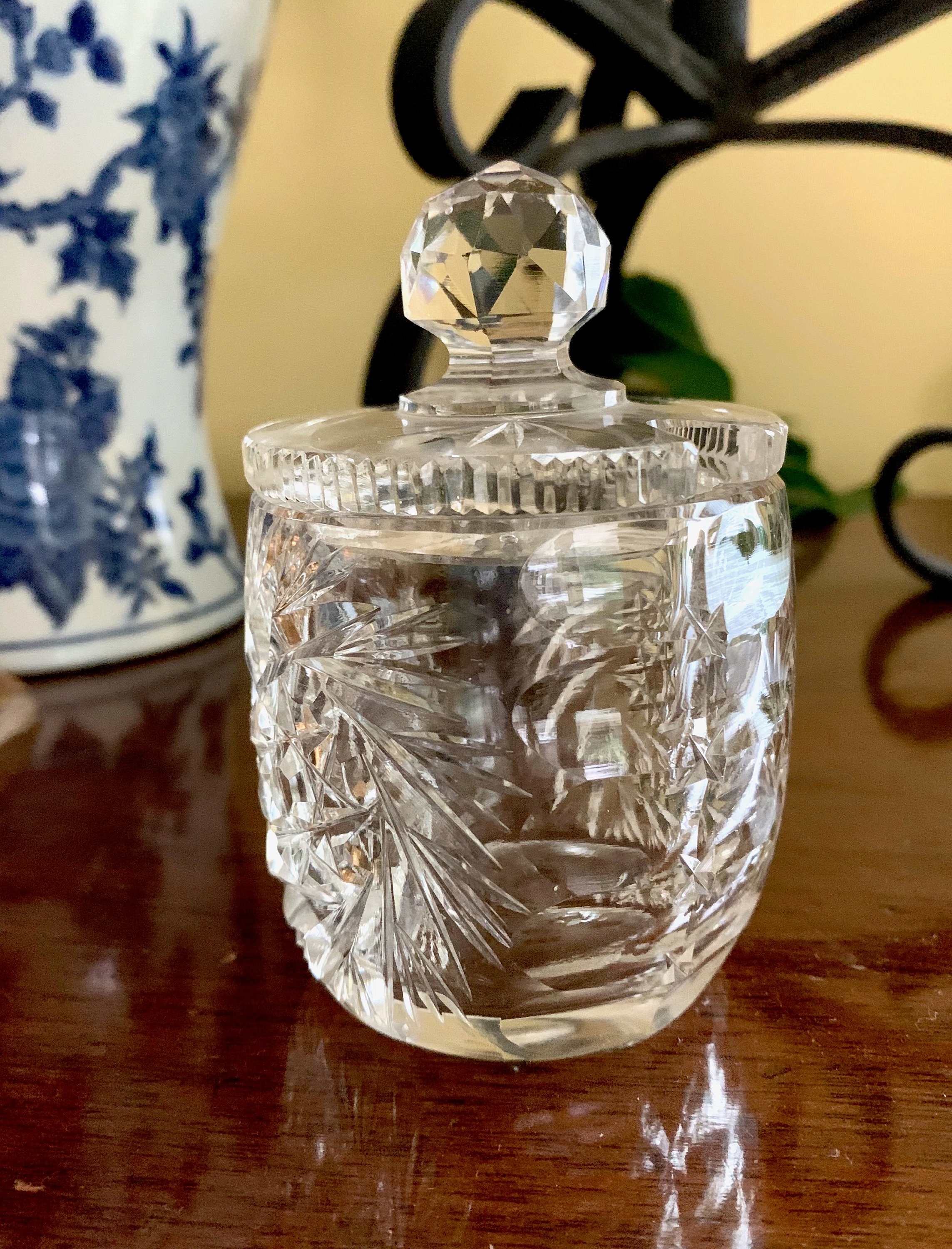 Cut Glass Jam Jar, Covered Jelly Jar, Vintage Condiment Jar, Star