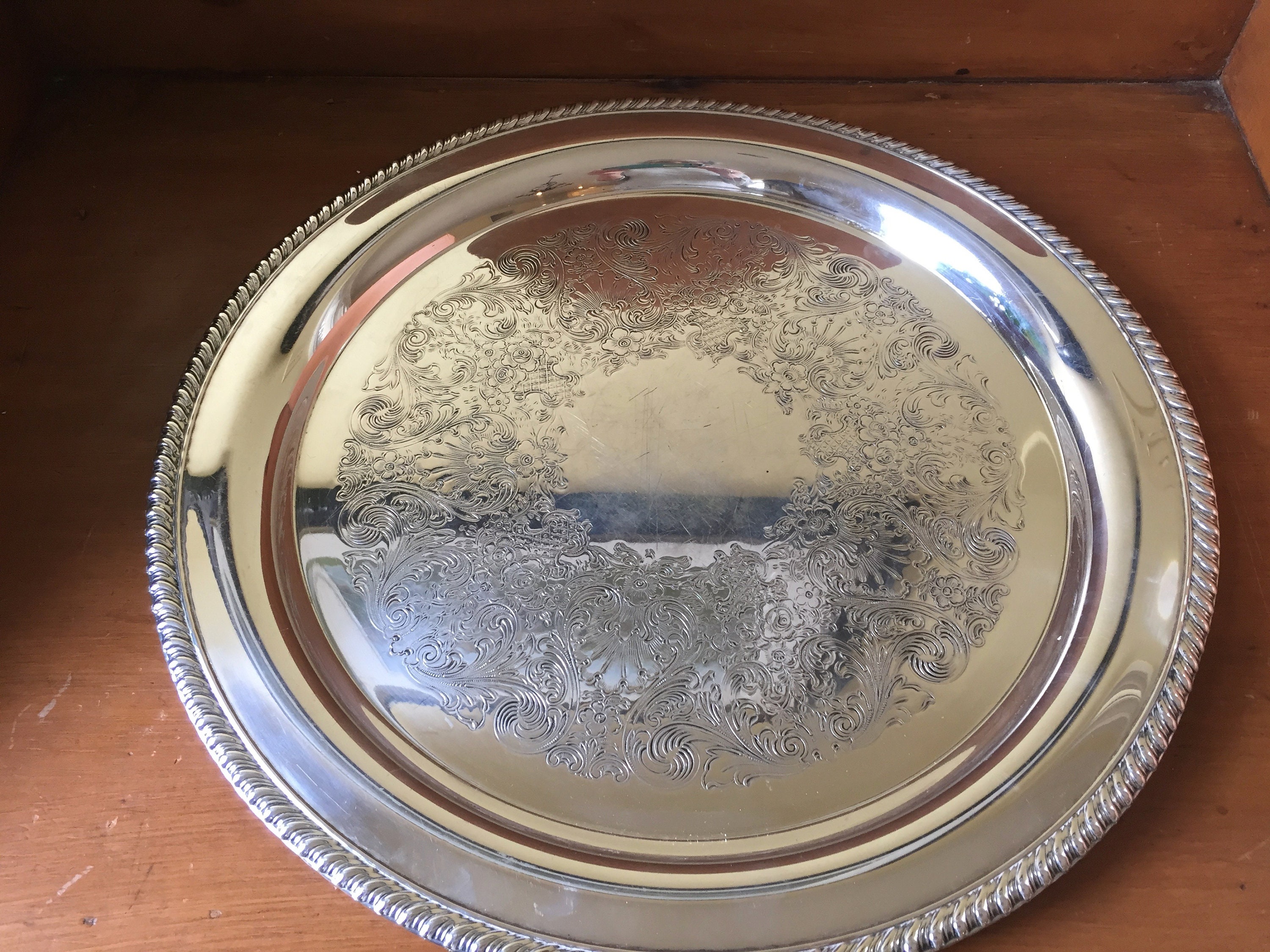 Round Silver Tray, Vintage Silver Plate 15 Inch Serving Tray, Embossed Design, Large Barware Tray