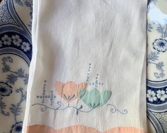 White Tea Towel with Tulip Applique' Design, Peach White Green Blue Tea Towel, Cottage Farmhouse, Guest Hand Towel