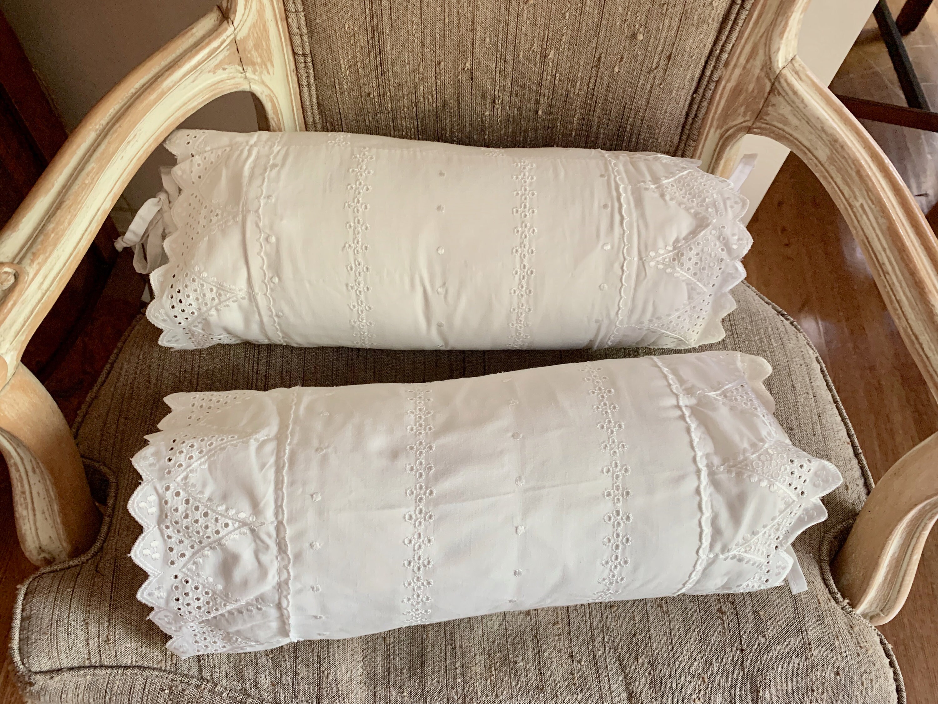 Eyelet Bolster Pillow and Form, Vintage Ivory Neck Roll Decorative