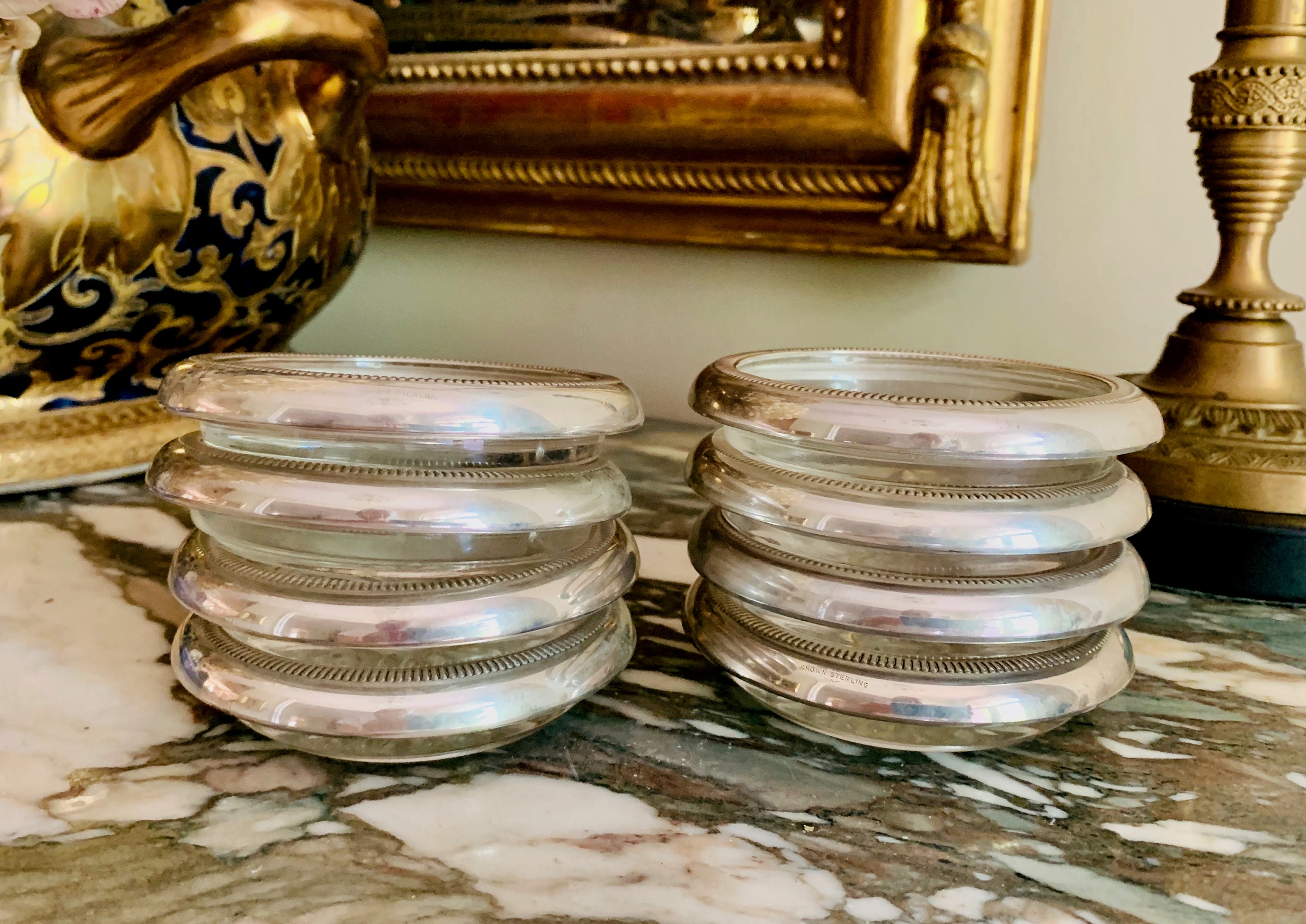 Sterling Silver Glass Coasters, Set of 8 Crown Sterling Coasters, Mid
