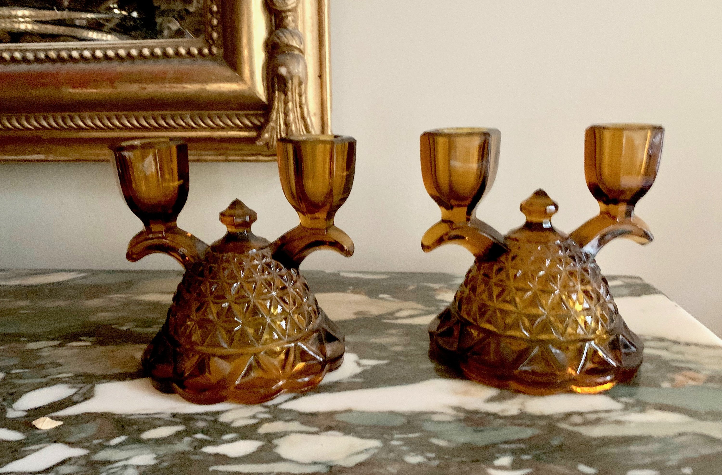 Pair Amber Glass Candlestick Holders, Vintage Amber Double Tapered