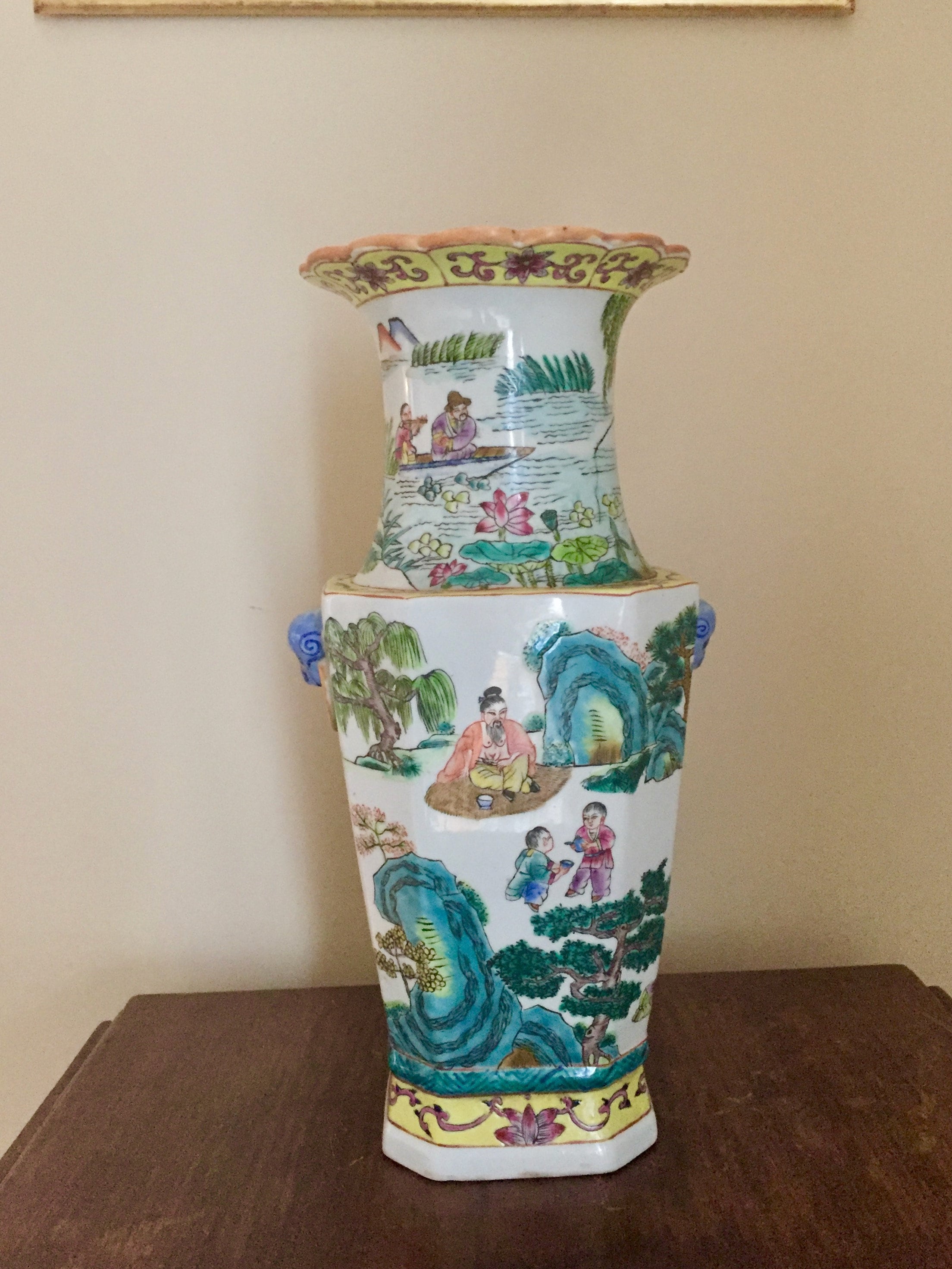 Large Asian Vase Chinese Vase 16 Inches Tall, Blue Green Yellow Colors