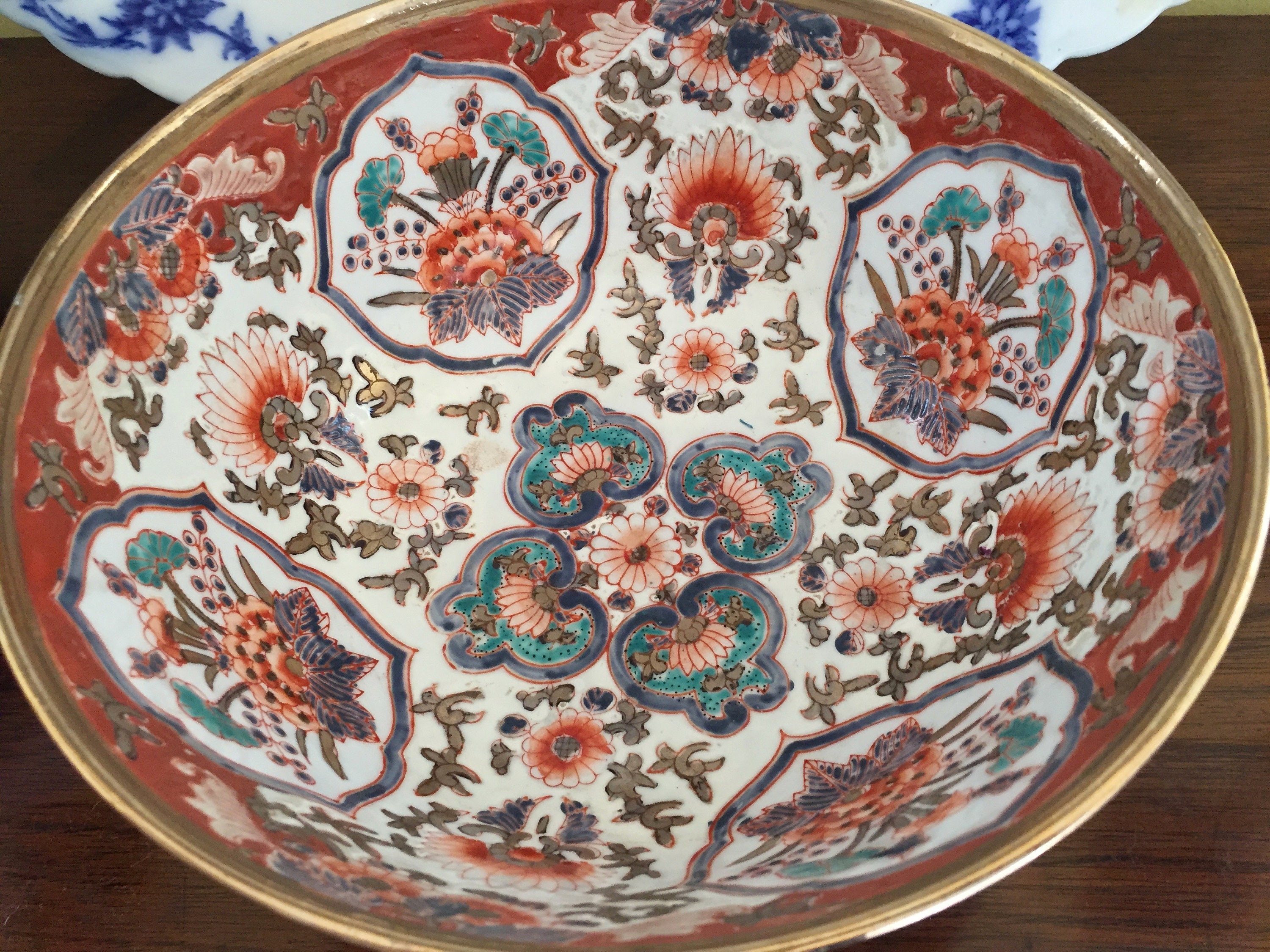 Imari Bowl with Gold Rim, Large Asian Porcelain Glazed Bowl Cinnabar