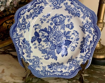 Blue White Spode Plate, Archival Spode Blue Room British Flowers Rosa Plate, 9.5 Inch Scalloped Plate, English Cottage Decor, Farmhouse