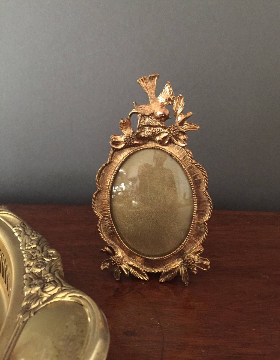 Brass Oval Frame Gold Wash Art Nouveau Style Photo Frame Bird on