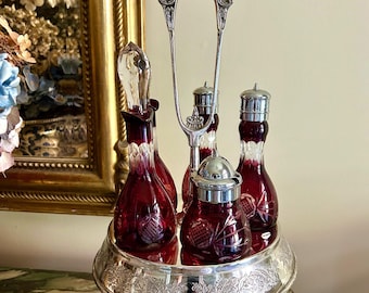 Victorian Silver Plate Cranberry Glass Cruet Set, Cut to Clear Crystal