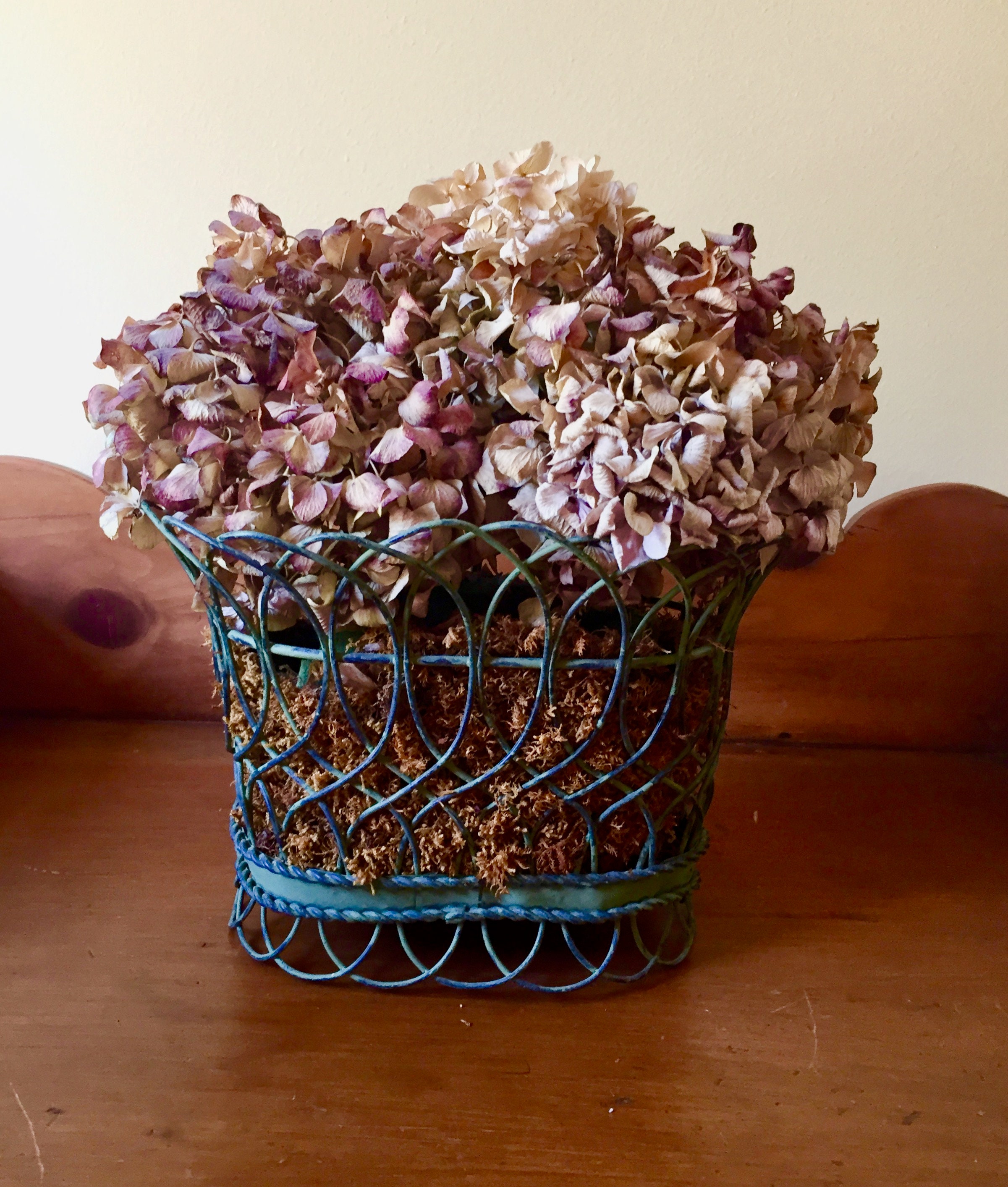 French Basket with Dried Flowers, Vintage Green Wire Basket with