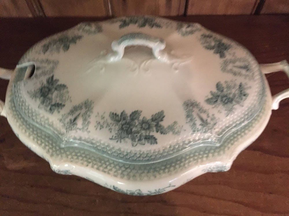 Antique Tureen, W.H. Grindley, Brussels Pattern, Green Transferware