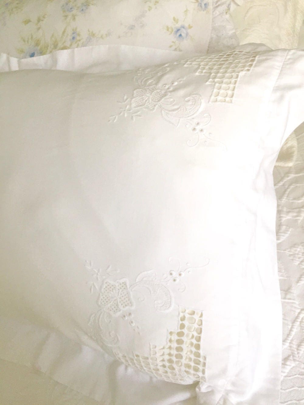 White Ruffled Pillow Shams, Pair, Embroidered Cutwork, Needlework
