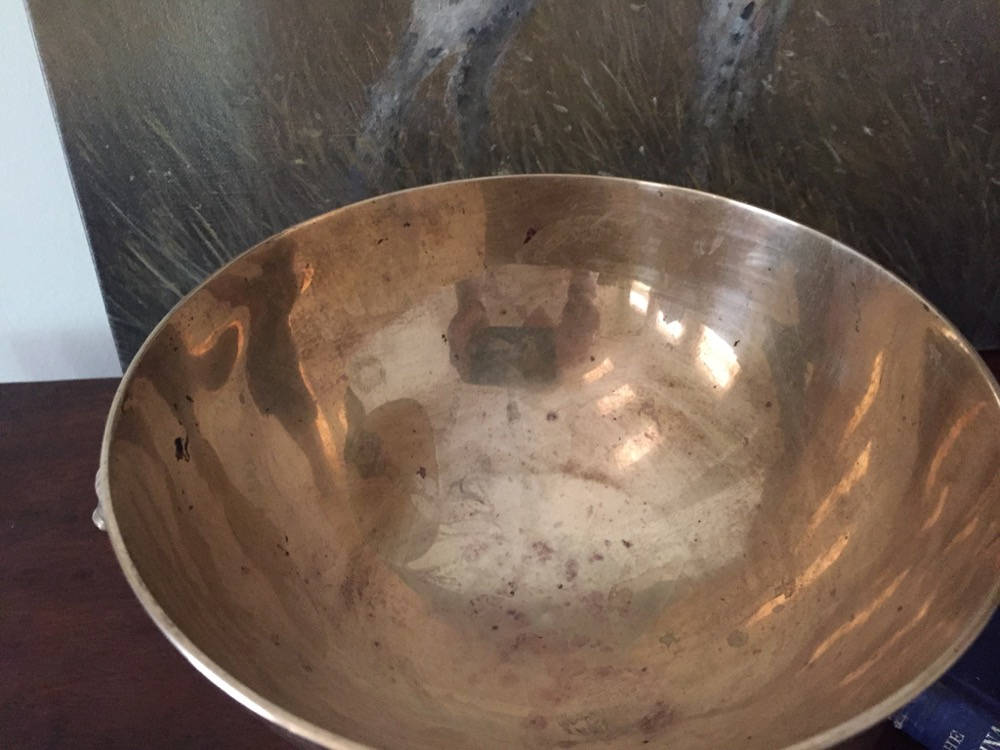 Brass Footed Bowl, Lion's Head Handles, Vintage Brass Accent Bowl, Hollywood Regency Brass Decor