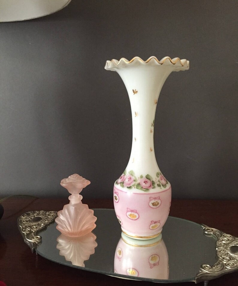 Milk Glass Fluted Vase Hand Painted Trumpet Vase Gold Etsy