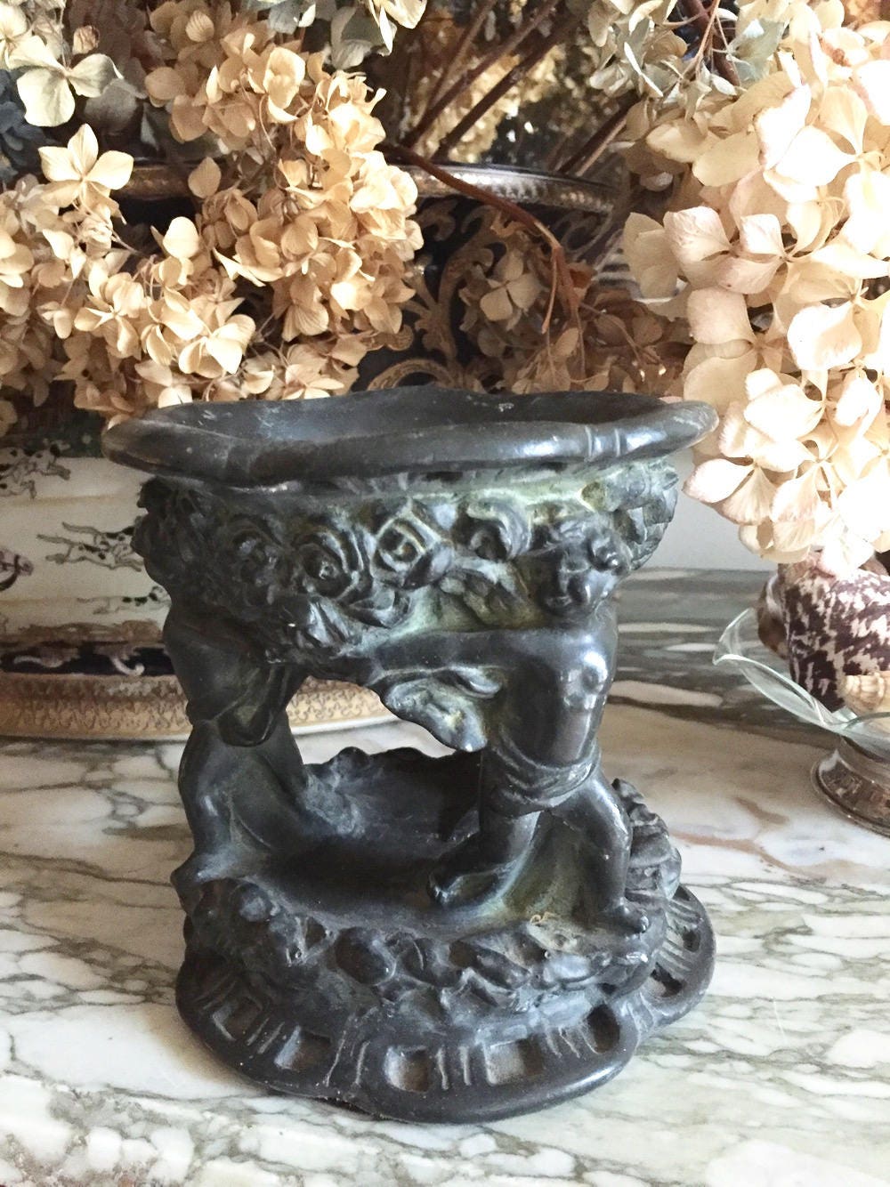 Vintage Plaster Cherub Stands, Cherub Pillar Candle Holders, Decorative